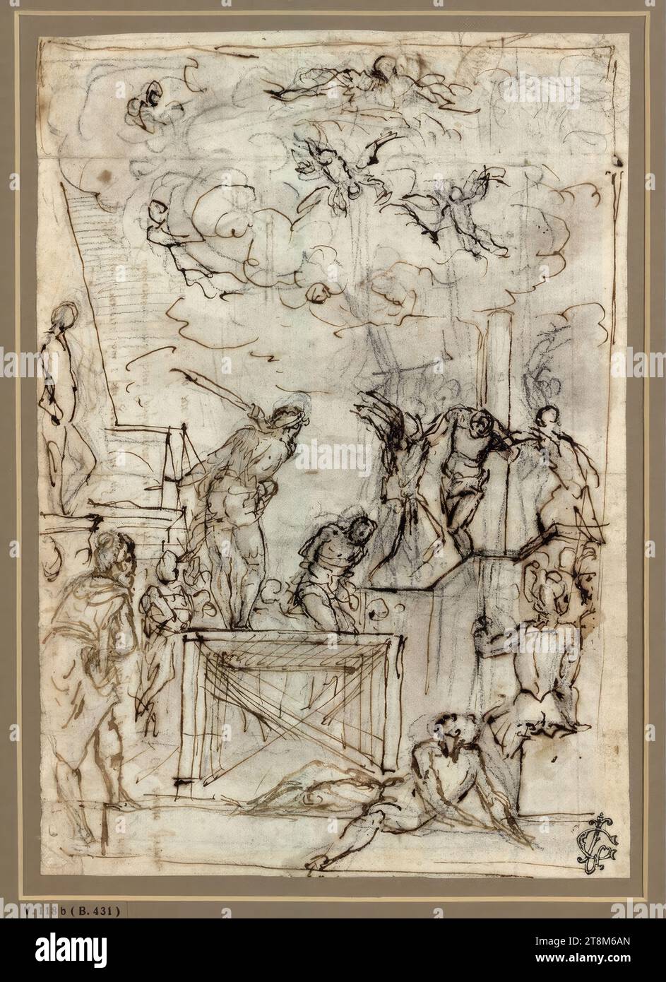 foglio di studio. Decapitazione di un santo su un ponteggio; schizzo di una Flagellazione di un uomo legato a un polo, Alessandro Maganza (italiano, 1556 - 1630/40 ), disegno, gesso; piuma, 23,8 x 16,8 cm, l.l. grassi Foto Stock