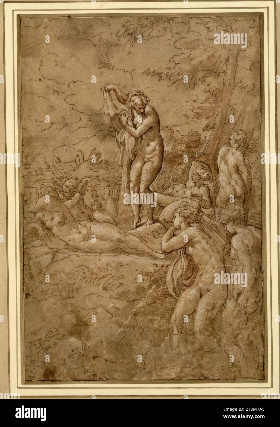 Venere si estendeva per terra in un paesaggio, Cupido al suo fianco, circondata da ninfe che fanno il bagno, anonime, disegnano, penna; lavata; accentuato con bianco; parzialmente integrato, 28,5 x 18,9 cm, l.l. duca Alberto di Sassonia-Teschen, centro inferiore in vecchia penna e inchiostro 'Parm..agino Foto Stock