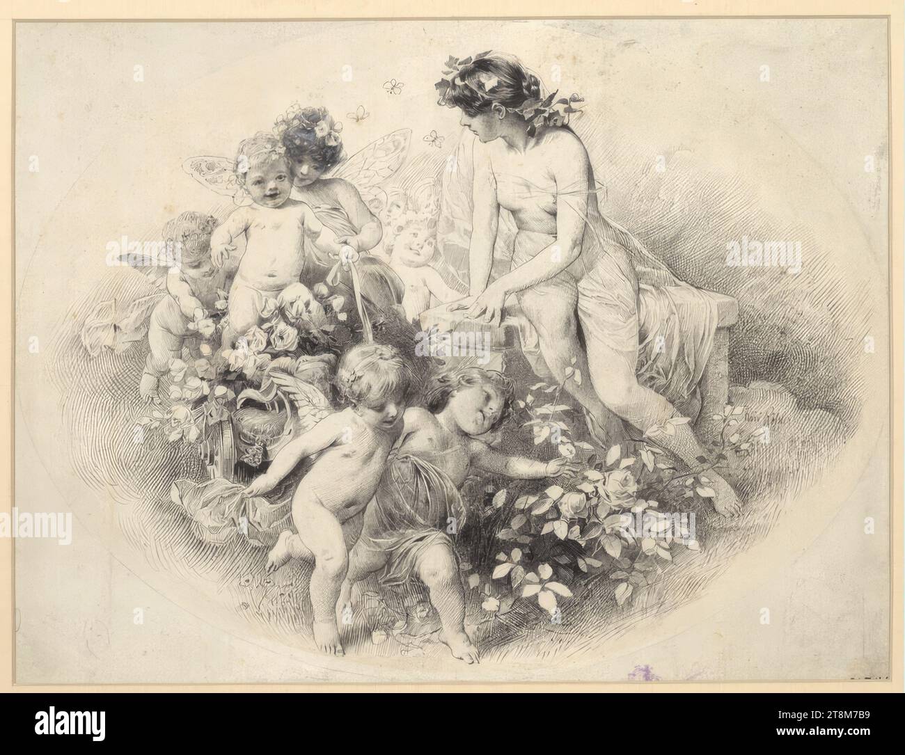 Allegoria primaverile con cupidi, Rudolf Rössler (Gablonz an der Neisse 1864 - 1934 Vienna), intorno al 1890, disegno, penna, sezione passe-partout: 26,5 x 35,1 cm Foto Stock