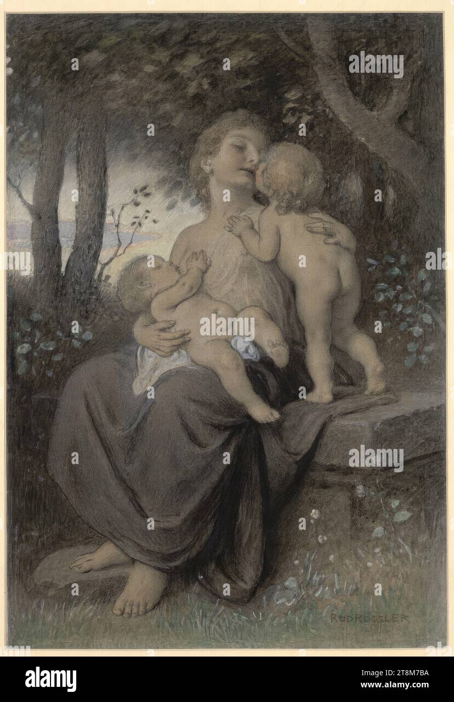 Felicità della madre, Rudolf Rössler (Gablonz an der Neisse 1864 - 1934 Vienna), intorno al 1900, disegno, gesso, sezione passe-partout: 44,1 x 30,4 cm Foto Stock