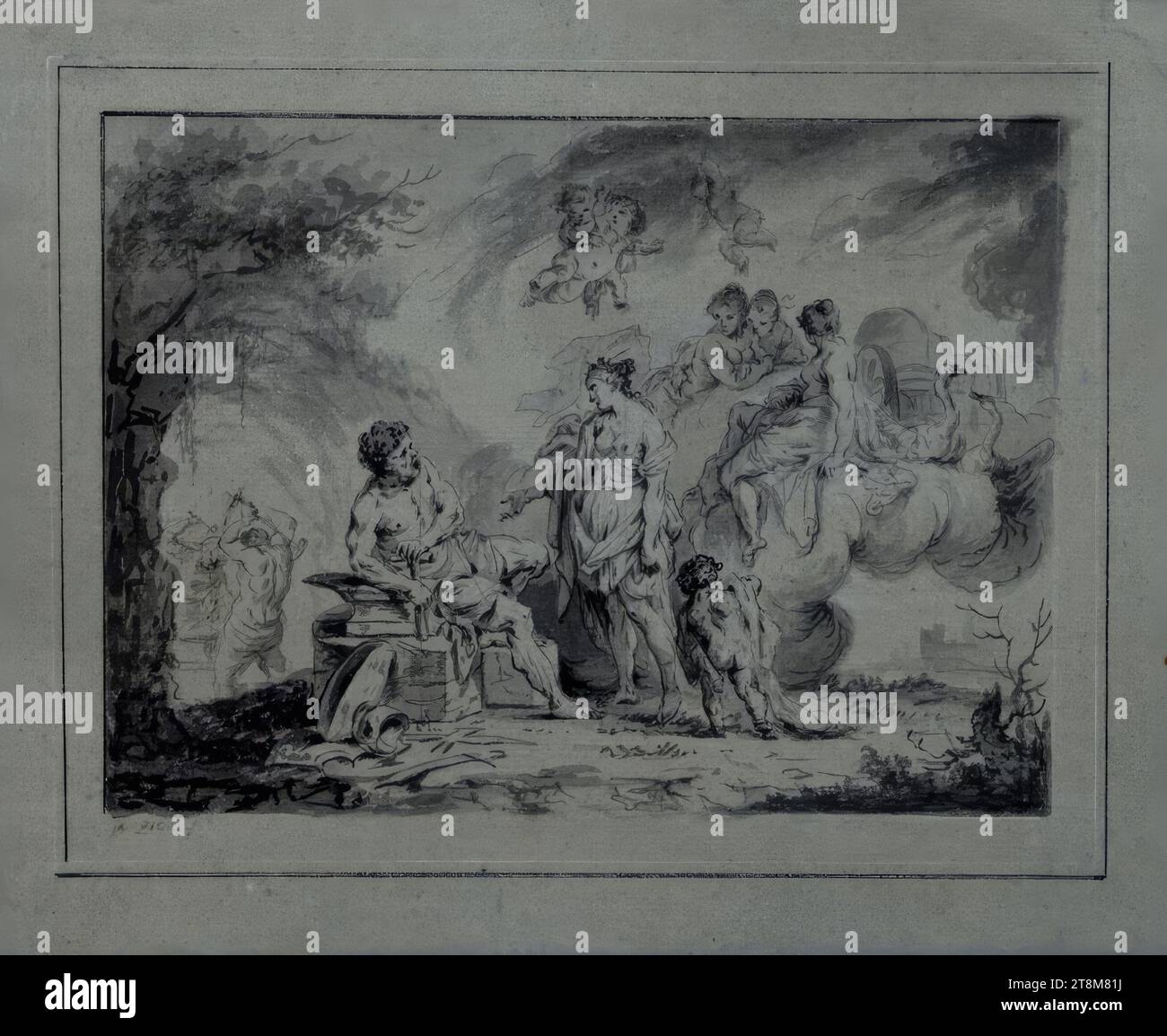 La smithy di Vulkan, Januarius Zick (Monaco 1730/35 - 1797/1812 Ehrenbreitstein), disegno, pennello, inchiostro, lavaggio, matita di piombo, carta blu non patinata, 22,4 x 27,3 cm Foto Stock
