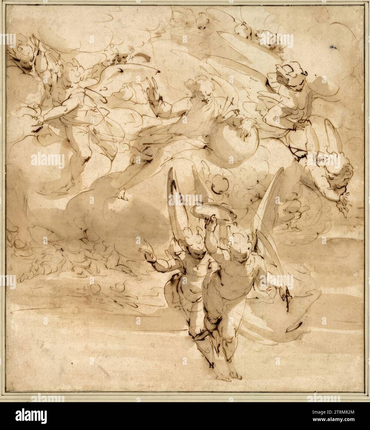 Dio padre tra angeli su nuvole; tutti guardano in basso, i due angeli sottostanti indossano una corona e una palma da martire, Luca Cambiaso (Moneglia 1527 - 1585 San Lorenzo de El Escorial), disegno, penna, inchiostro, lavare, 26,9 x 25,0 cm, senza Mariette Sz; l. b. Duca Alberto di Sassonia-Teschen Foto Stock