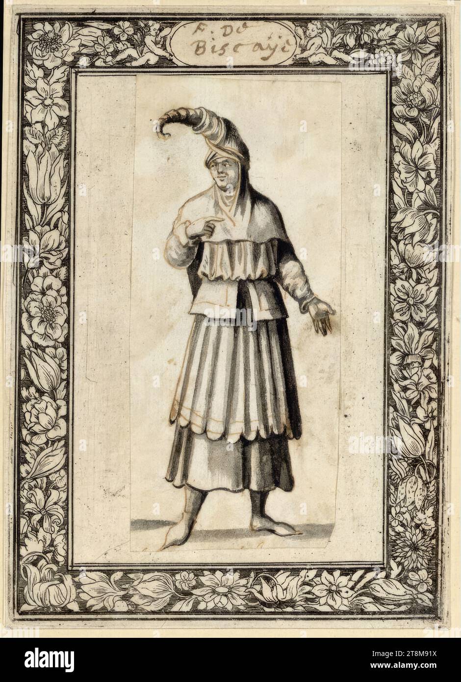 Donna di Biscaglia, tra il 1650 e il 1664, disegnatrice, penna e inchiostro marrone, lavaggio grigio; incollata a un foglio con striscia decorativa incisa (filo di fiori), 9,3 x 4,1 cm, M.O. in cartiglio 'F. de Biscaye' (penna marrone Foto Stock