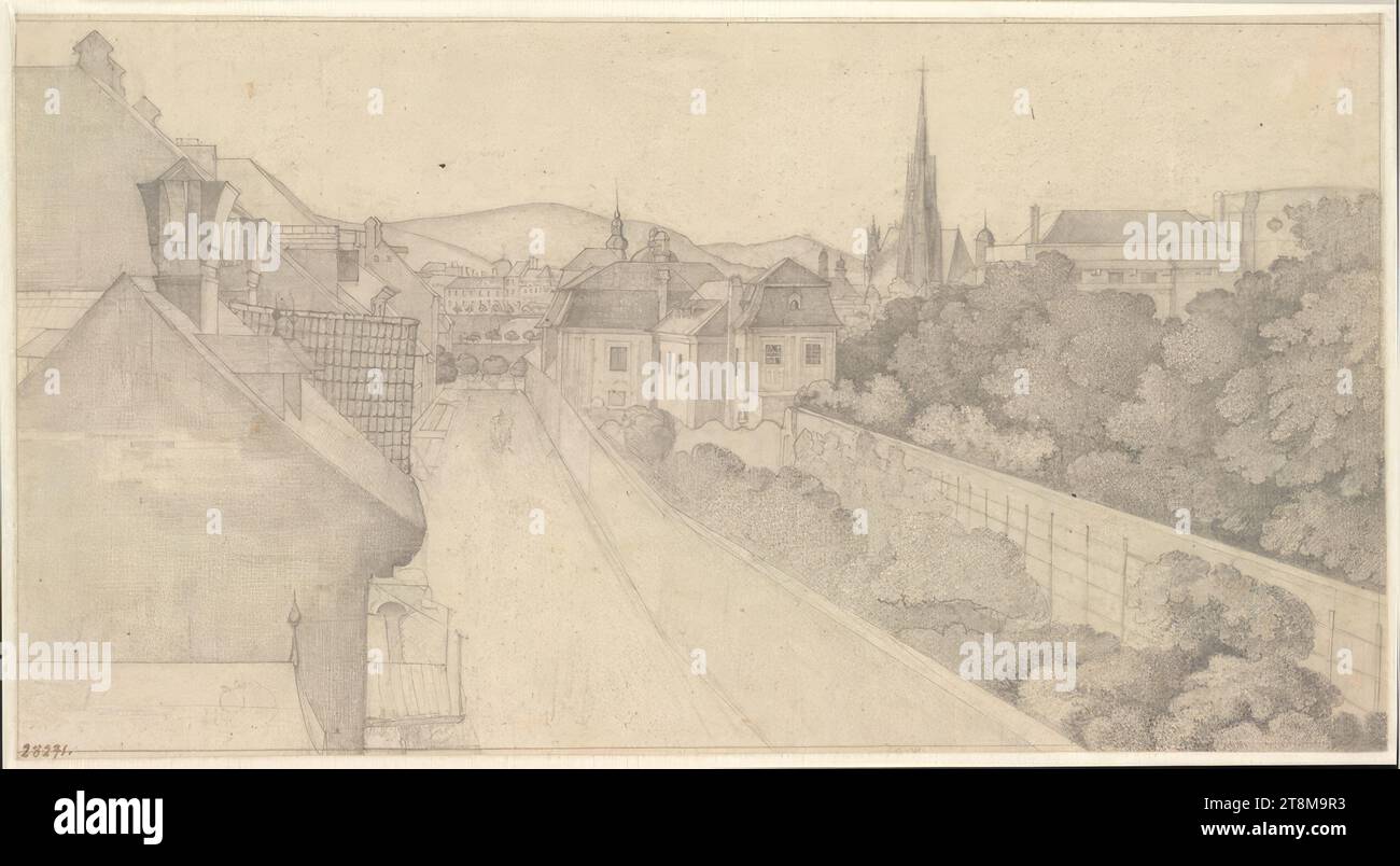 Veduta di Heugasse (oggi Prinz Eugen Straße) a Vienna, Ferdinand Olivier (Dessau 1785 - 1841 Monaco di Baviera), 1815, disegno, matita, linea di confine a matita, 11,9 x 21,9 cm, '1815' dopo Grote 1938, op.CIT.; datazione secondo Cat. C. G. Boerner No. 199, Lipsia 1938, pag. 29, 'circa 1820' sotto l'impressione della 'esperienza di Salisburgo' del 1817, l.u. sul tetto della casa: Inizio di un monogramma Foto Stock