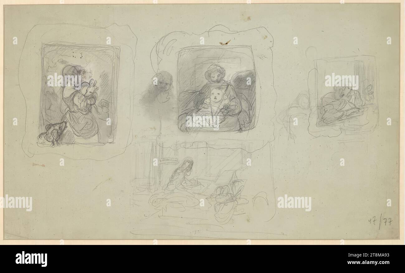 Quattro schizzi, Josef Danhauser (Vienna 1805 - 1845 Vienna), disegno, matita, accresciuta di bianco su carta non patinata bluastra, secondo Cahier: 21,8 x 36,8 cm, r.r. '47/77 Foto Stock
