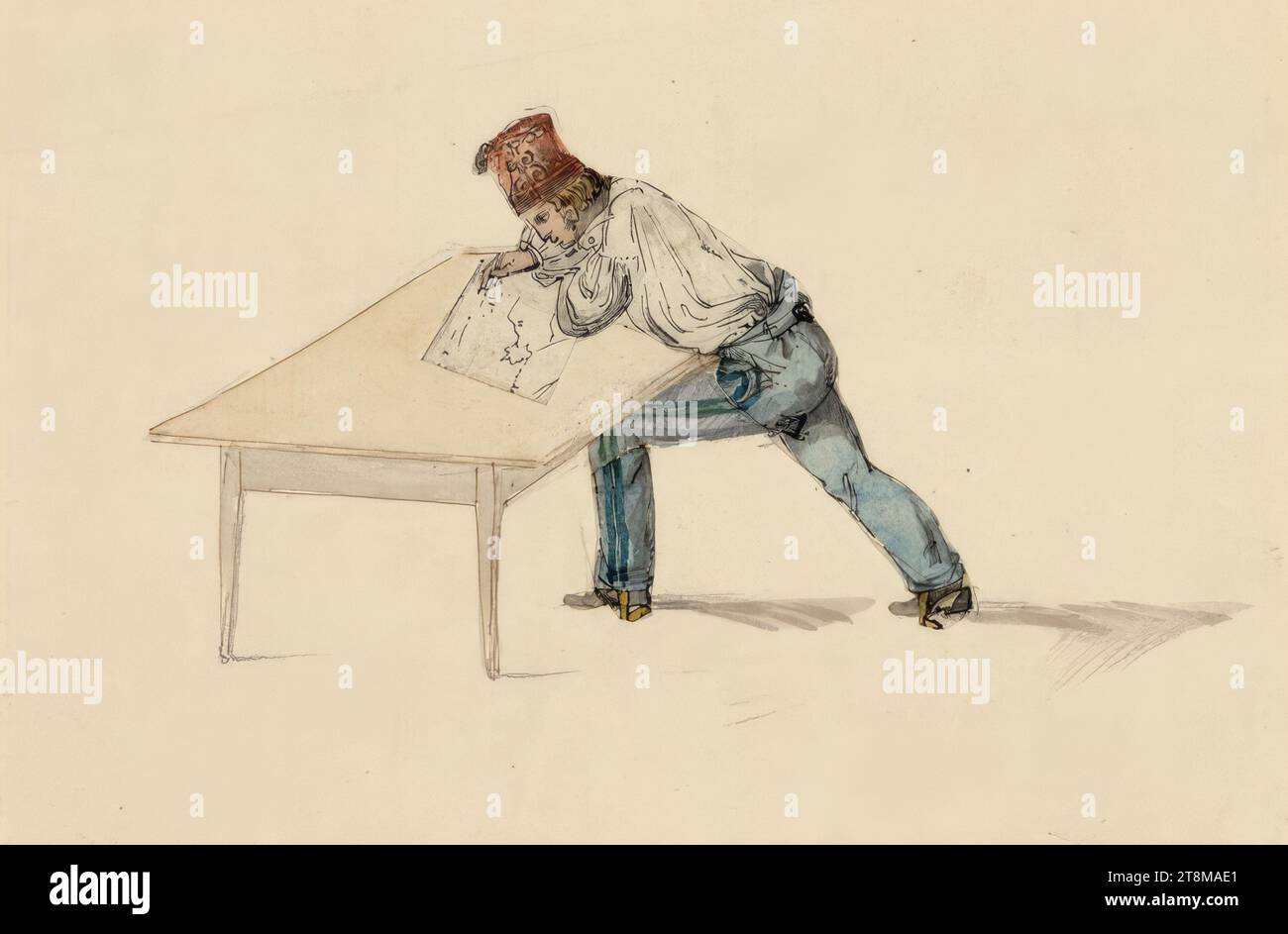 Caricatura di un disegnatore con pantaloni in uniforme e berretto da casa, intorno al 1820, disegno, penna, acquerello, matita, taglio passe-partout: 12,9 x 17,9 cm Foto Stock
