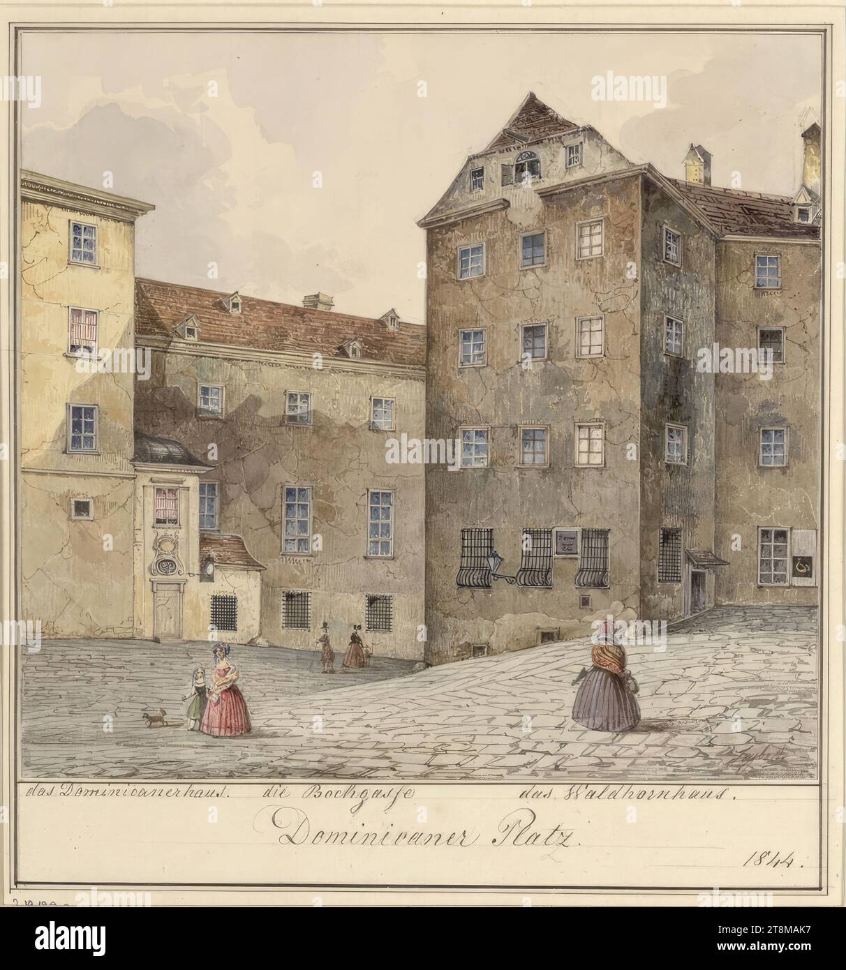 Dominikaner Platz, Moritz Leybold (Vienna 1806 - 1857 Vienna), 1844, disegno, acquerello, 18 x 19,3 cm Foto Stock