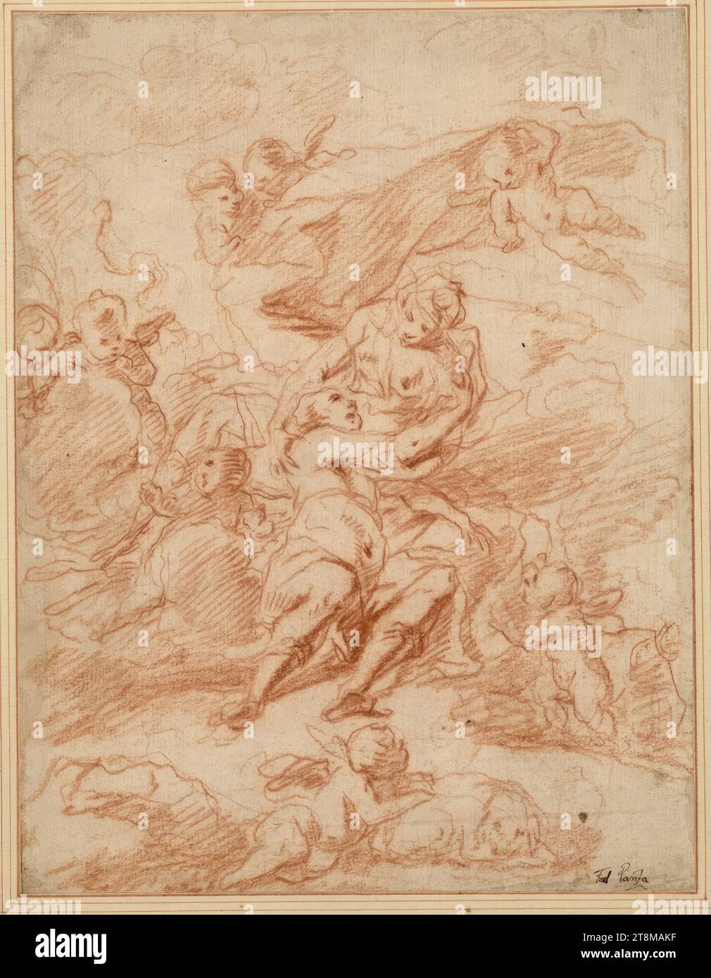 Venere cerca di trattenere Adone. Sotto, un putto si appoggia al cane da caccia di Adone (Telesko), Federico Panza (Italia, circa 1633/43 - 1703), disegno, gesso rosso, 27,2 x 20,7 cm, l. duca Alberto di Sassonia-Teschen, 'Fed. Panza Foto Stock
