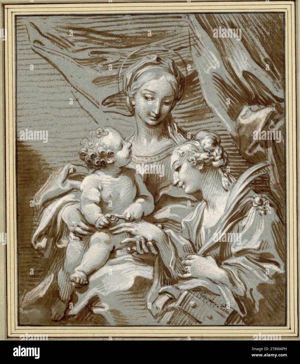 Matrimonio di Santa Caterina, Paolo Gerolamo Piola (italiano, 1666 - 1724), disegno, pennello e marrone; accresciuto di bianco; carta blu, 20,2 x 17,9 cm, l.l. Duca Alberto di Sassonia-Teschen, in basso a destra nella penna del disegno 'P: Geronimo Piola Foto Stock