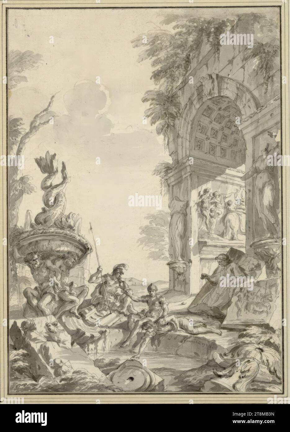 Rovine di un arco trionfale romano con una fontana di delfini, due soldati sono seduti sul bordo della piscina, Giovanni Paolo Pannini (Piacenza 1691 - 1765 Roma), 1723, disegno, penna e grigio-marrone, lavaggio grigio, 27,7 x 19,5 cm, l. Duca Alberto di Sassonia-Teschen, J. P. Pannini 1723 Foto Stock