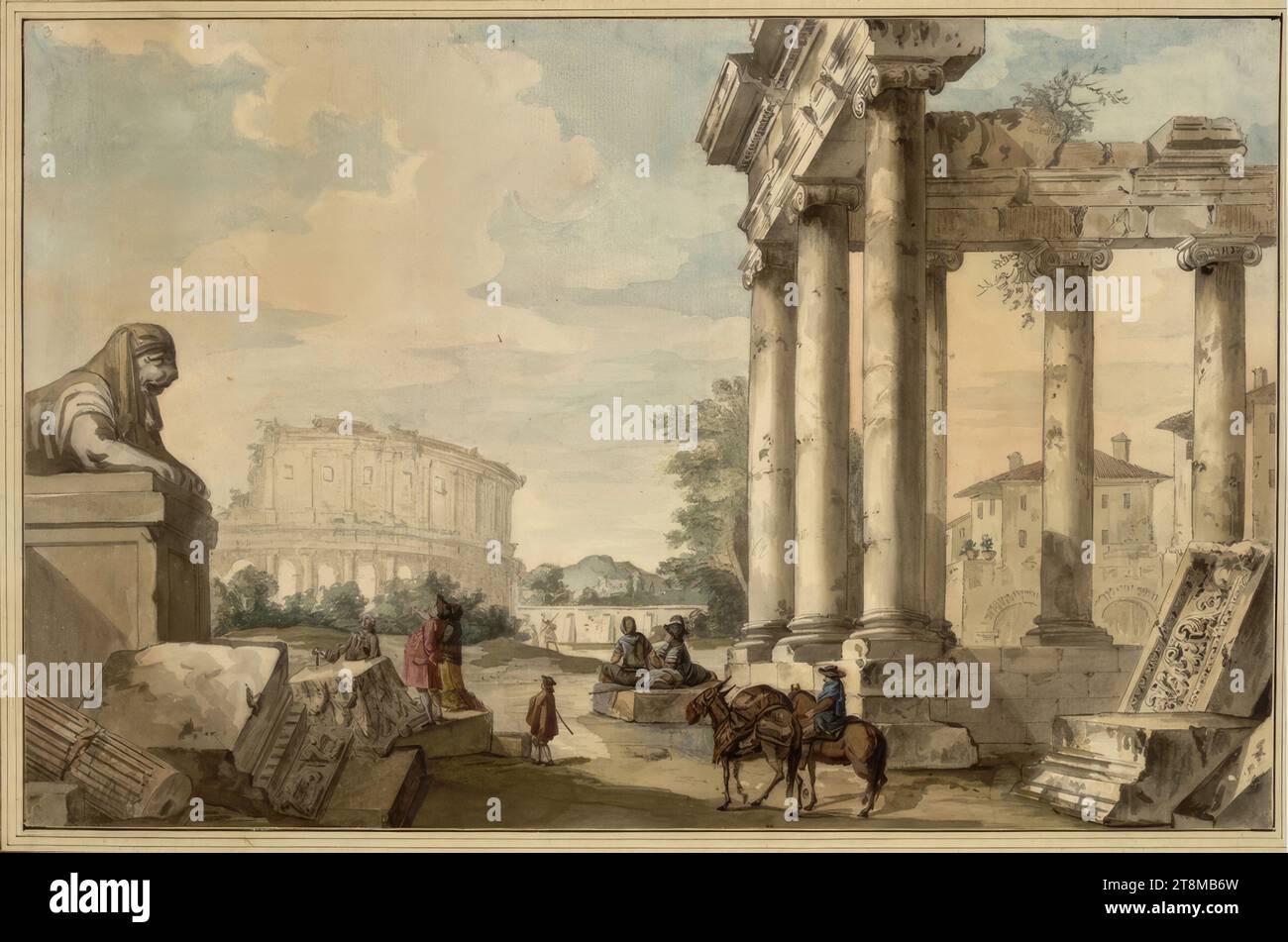 Paesaggio romano di rovine, Francesco Pannini (Roma 1745 - 1812 Roma), disegno, penna, acquerello, 27,0 x 41,7 cm, l.l. duca Alberto di Sassonia-Teschen Foto Stock