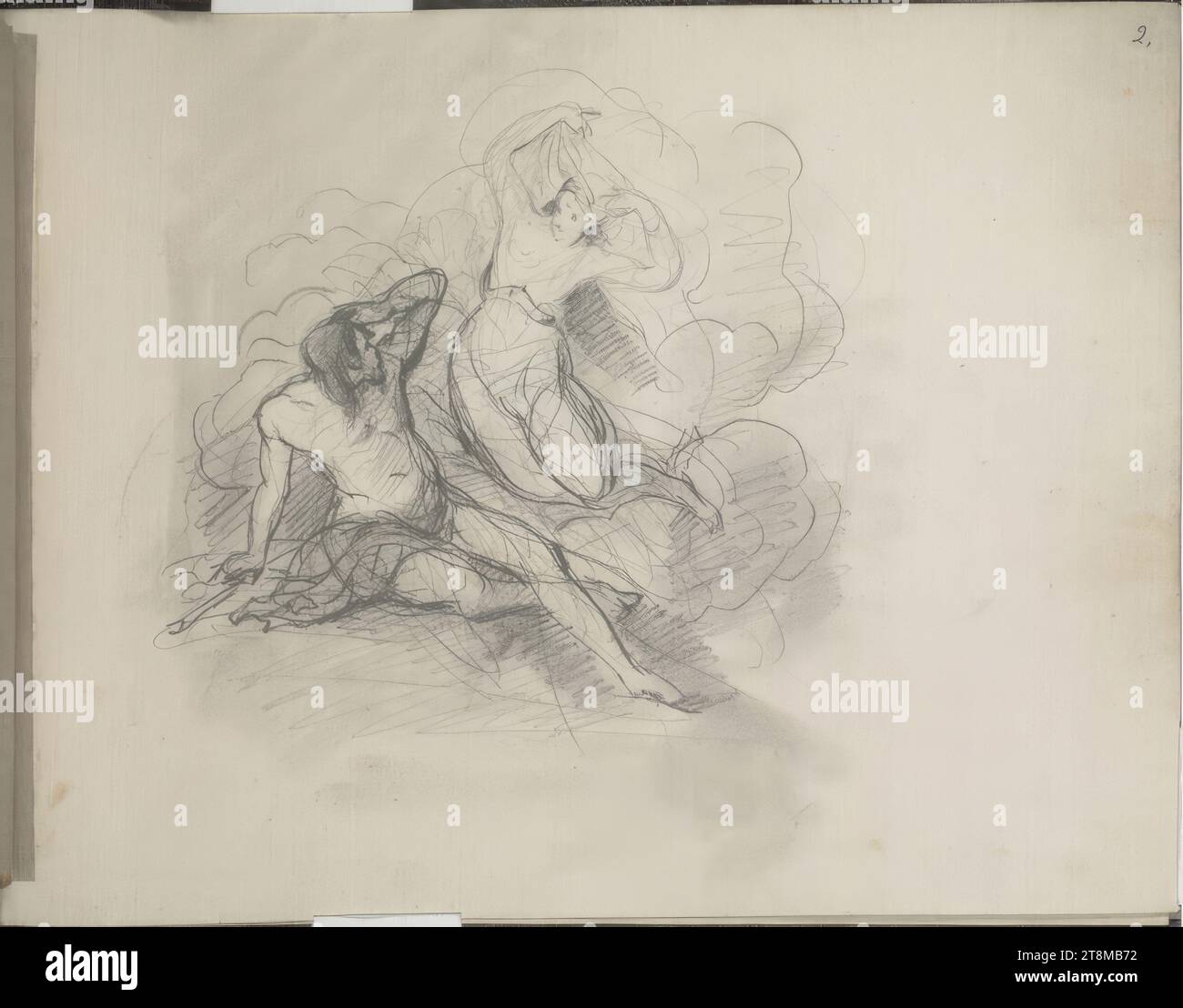 Composizione schizzo di due figure tra nuvole (apparizione), bozzetto Danhauser Josef; 9 pagine impaginate, Josef Danhauser (Vienna 1805 - 1845 Vienna), intorno al 1844, disegno, matita, foglio: 18,4 cm x 24 cm Foto Stock