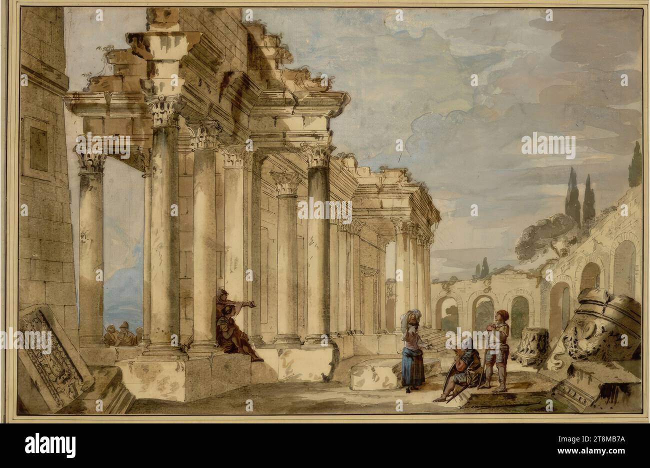 Rovine romane con figure di personale, Francesco Pannini (Roma 1745 - 1812 Roma), disegno, penna e acquerello, accentuato con bianco opaco, 26,7 x 40,8 cm, r.r. duca Alberto di Sassonia-Teschen Foto Stock