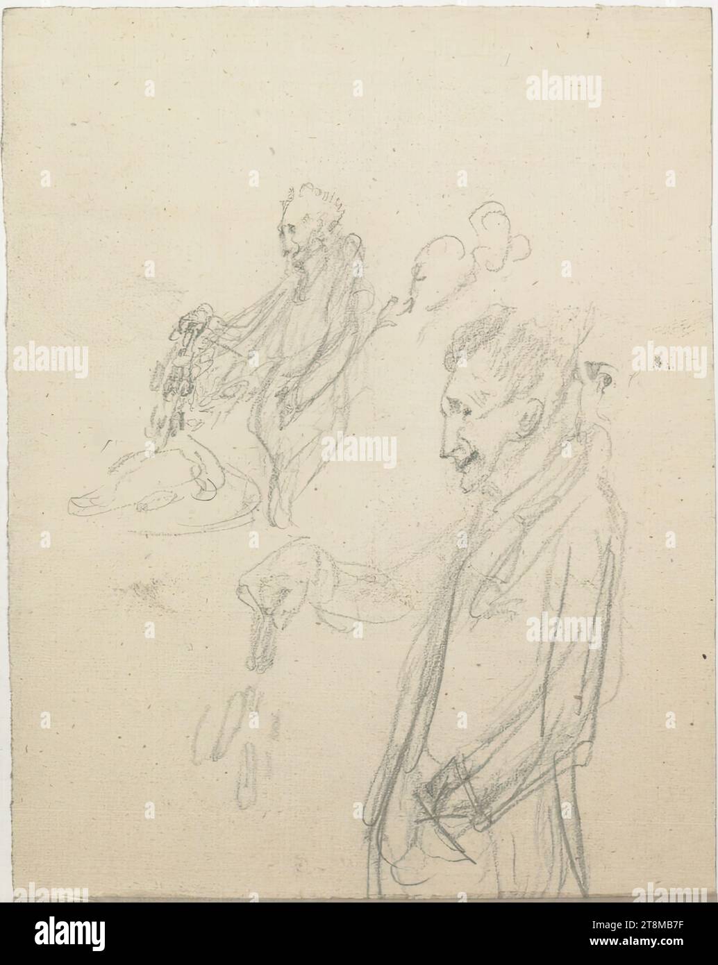 Schizzi caricaturati, bozzetto Danhauser Josef; 9 pagine impaginate, Josef Danhauser (Vienna 1805 - 1845 Vienna), intorno al 1844, disegno, matita, foglio: 17,4 cm x 13,3 cm Foto Stock