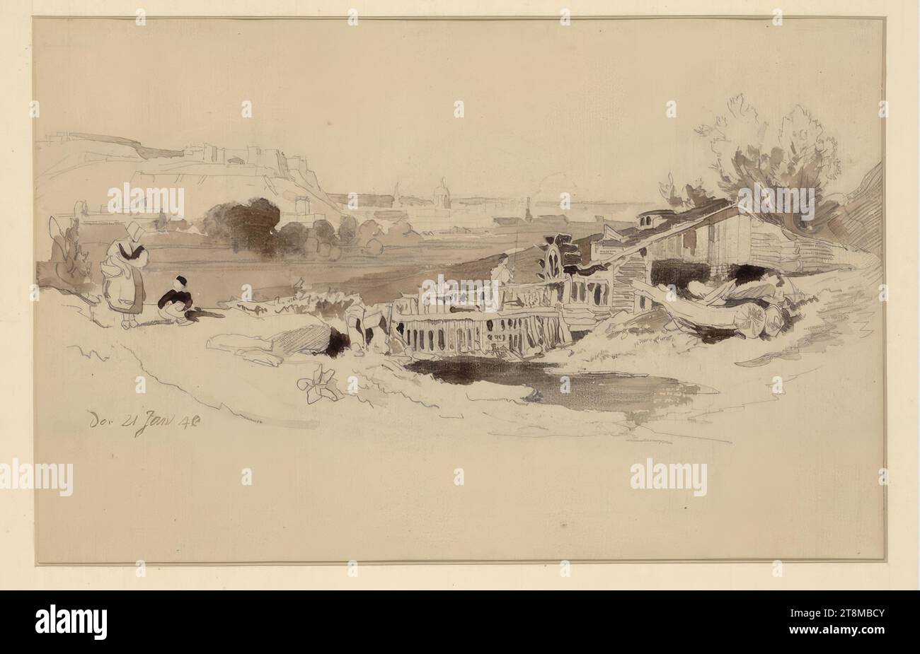 Veduta di una città all'ombra di una monumentale fortezza di montagna, in primo piano un mulino ad acqua e contadini, Carl Wagner (Roßdorf (Turingia) 1796 - 1867 Meiningen), 1840, disegno, matita, lavata in marrone rossastro con pennello, 171 x 266 mm, l.l. 'den 21 Jan 40' (pennello in marrone rossastro Foto Stock