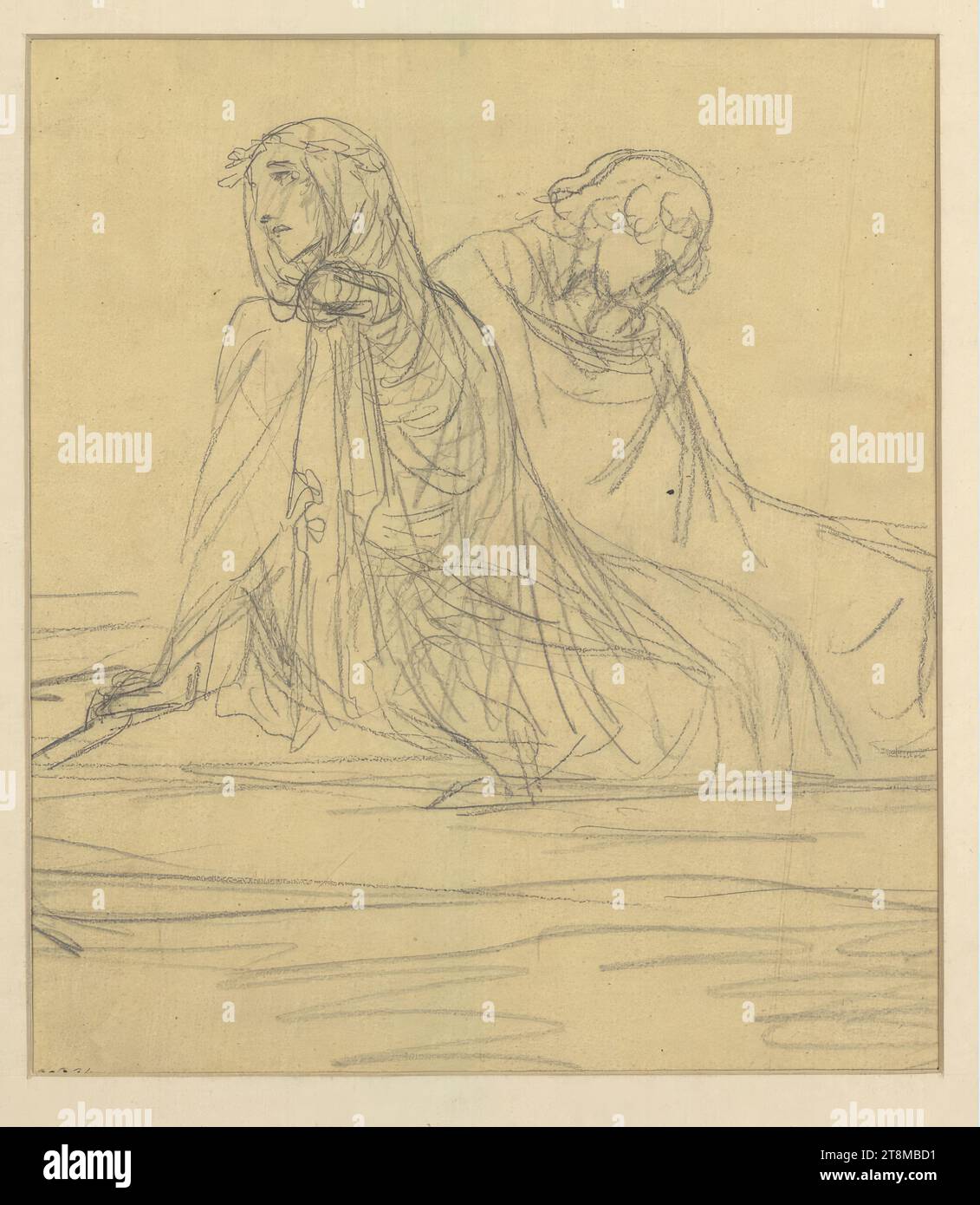 Disegno preliminare per l'incisione "Überfahrt des Charon", Wilhelm August Theodor Steinhausen (Sorau, Niederlausitz (oggi: Polonia) 1846 - 1924 Francoforte sul meno), XIX secolo, disegno, matita, su carta da rintracciamento, steso su carta giallastra; linea di inquadratura a matita intorno all'immagine, 20,6 x 18,8 cm Foto Stock