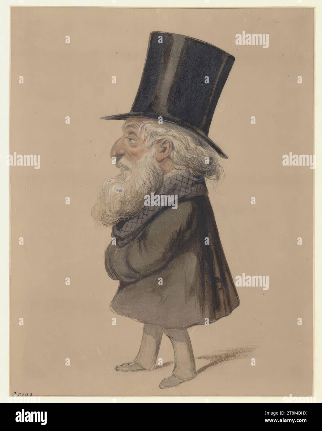 Caricatura: Uomo barbuto di profilo a sinistra con una grande testa e cappello (Giuseppe Verdi?), Anton Zampis (Vienna 1820 - 1883 Vienna), disegno, matita, acquerello su carta marrone, 19,6 x 25,1 cm, l.l. '30103 Foto Stock
