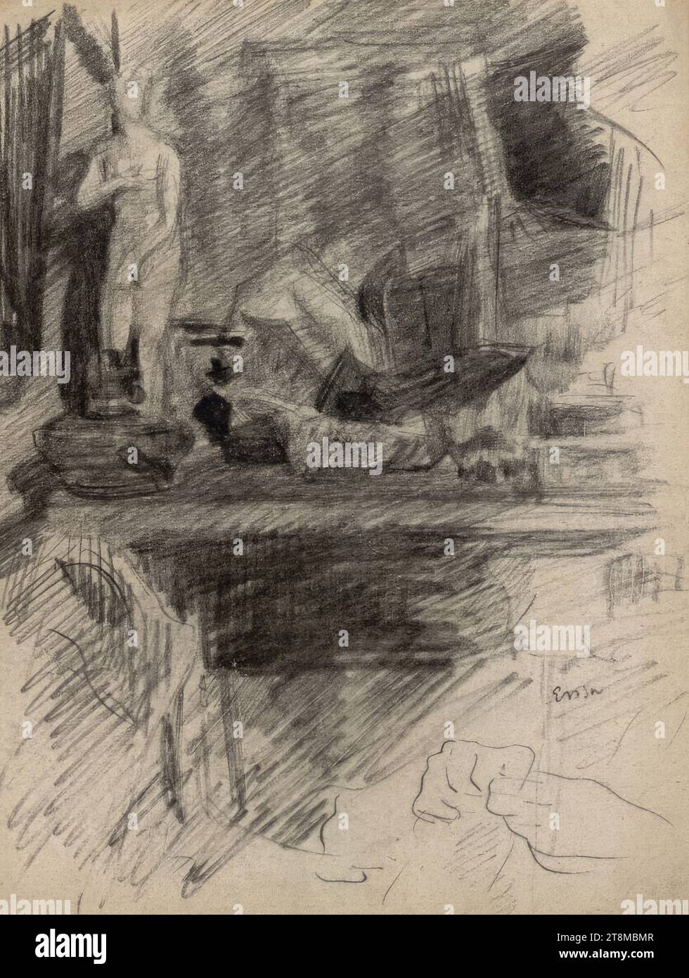 Caminetto con statuetta e lampada, James Ensor (Ostenda 1860 - 1949 Ostenda), disegno, intaglio tappeto: 21,6 x 16,3 cm Foto Stock