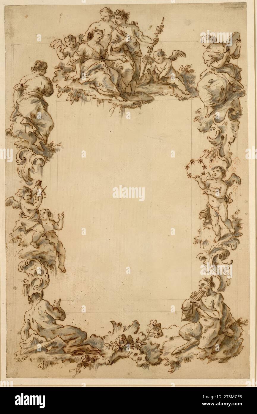 Bacchus und Ariadne (Frontispiz), Giuseppe Zais (forno di Canale 1709 - 1781 Treviso), nel 1775, Zeichnung, Feder; Rötel; grau laviert, 32,6 x 21,3 cm, sul verso: 'matrimonio di Bacco e Ariano disegnato da Zaise e scolpito da Rizzi Foto Stock