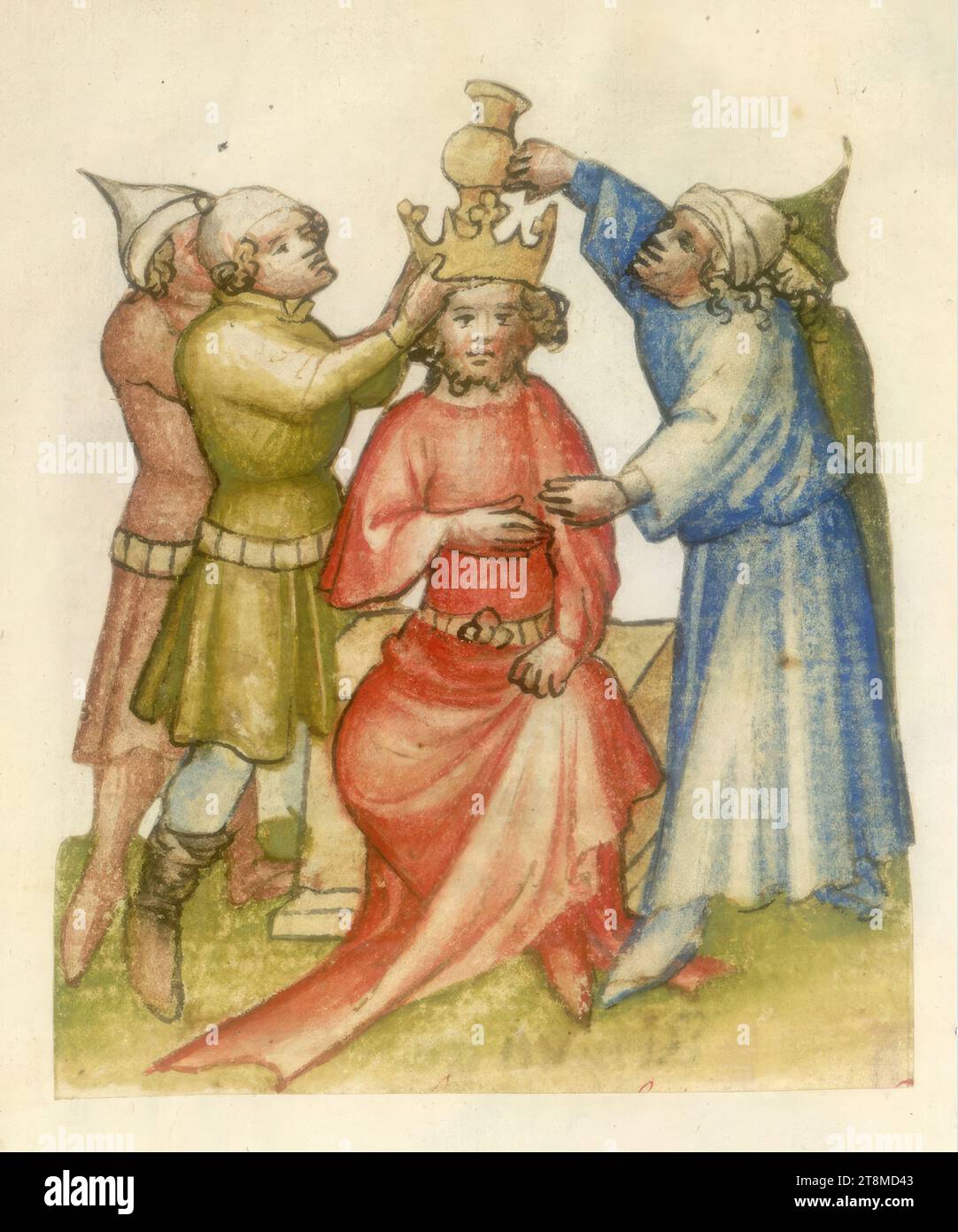 Unzione di Davide, Bibbia storica, Anonimo, 1420-1430, disegno, disegno a penna colorata Foto Stock