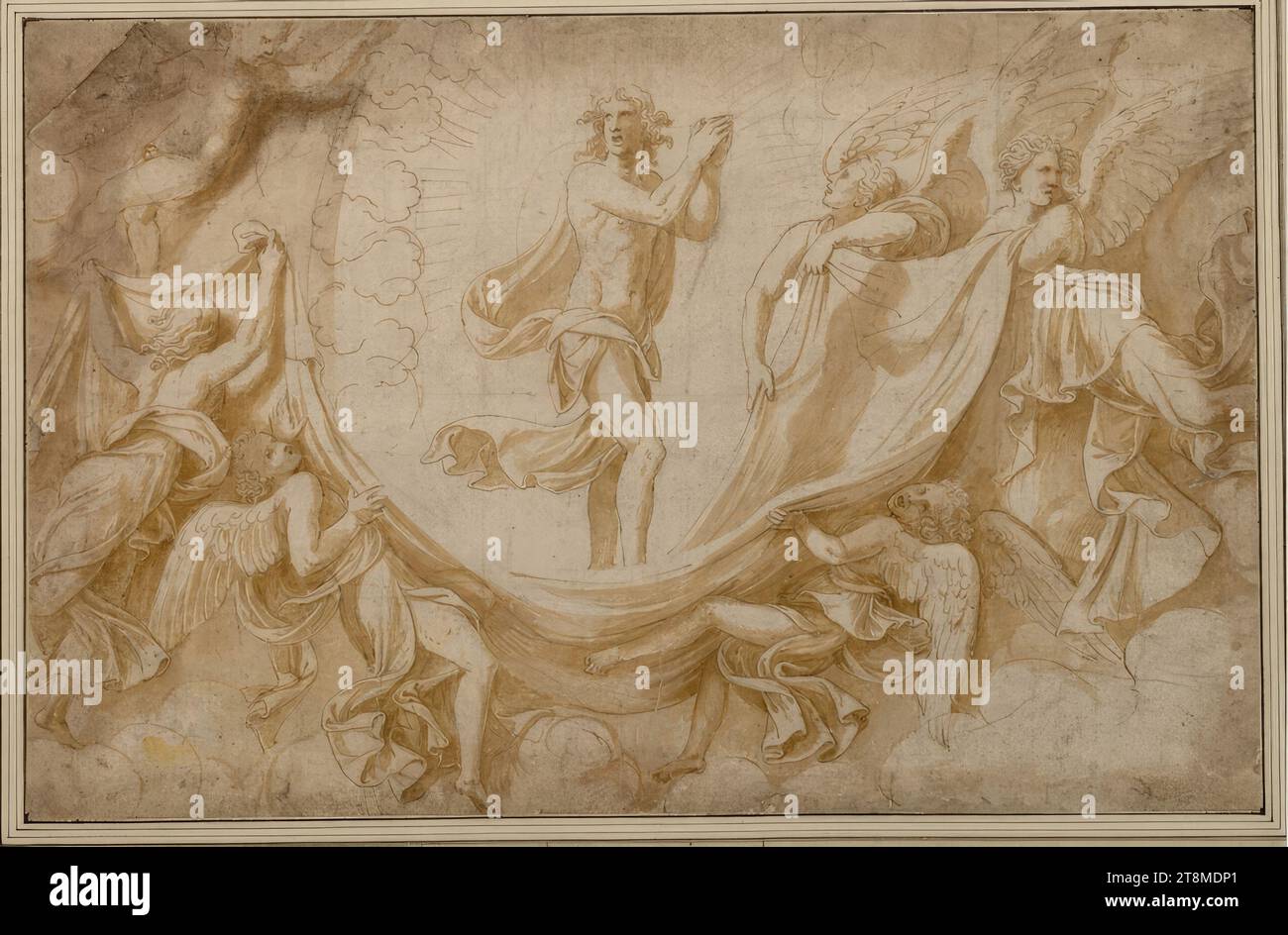 L'anima umana è portata al cielo, Giulio Romano (Roma 1499 - 1546 Mantova), 1528 - 1529, disegno, penna e inchiostro marrone, lavaggio marrone, sopra disegno preliminare in penna nera, quadrato con penna nera, 26,1 x 40,4 cm, l. b. duca Alberto di Sassonia-Teschen; no tempter Foto Stock