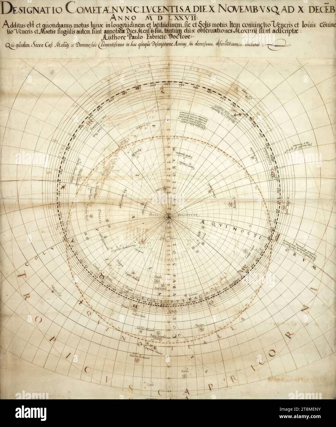 Sternkarte mit Kometenbahn, Paul Fabricius (Lubań (Lauban) 1529 - 1589 Wien), 1577, Zeichnung, 82,5 x 70,2 cm, DESIGNATIO COMETÆ NVNC LVCENTISA DIE 10 NOVEMB: VSQ ad 10 DECEB || NELL'ANNO 1000 D L 27 è stato aggiunto il moto giornaliero della luna in longitudine e latitudine, così come il moto del sole. Allo stesso modo, la congiunzione del venerdì e della congiunzione del venerdì e del martedì sono annotate come il giorno del loro mese, solo due osservazioni di mercurio sono registrate: Da Paul Fabricius Doctor:|| che, in effetti, il Sacro cane: Matatj TC al suo Signore Misericordioso Foto Stock