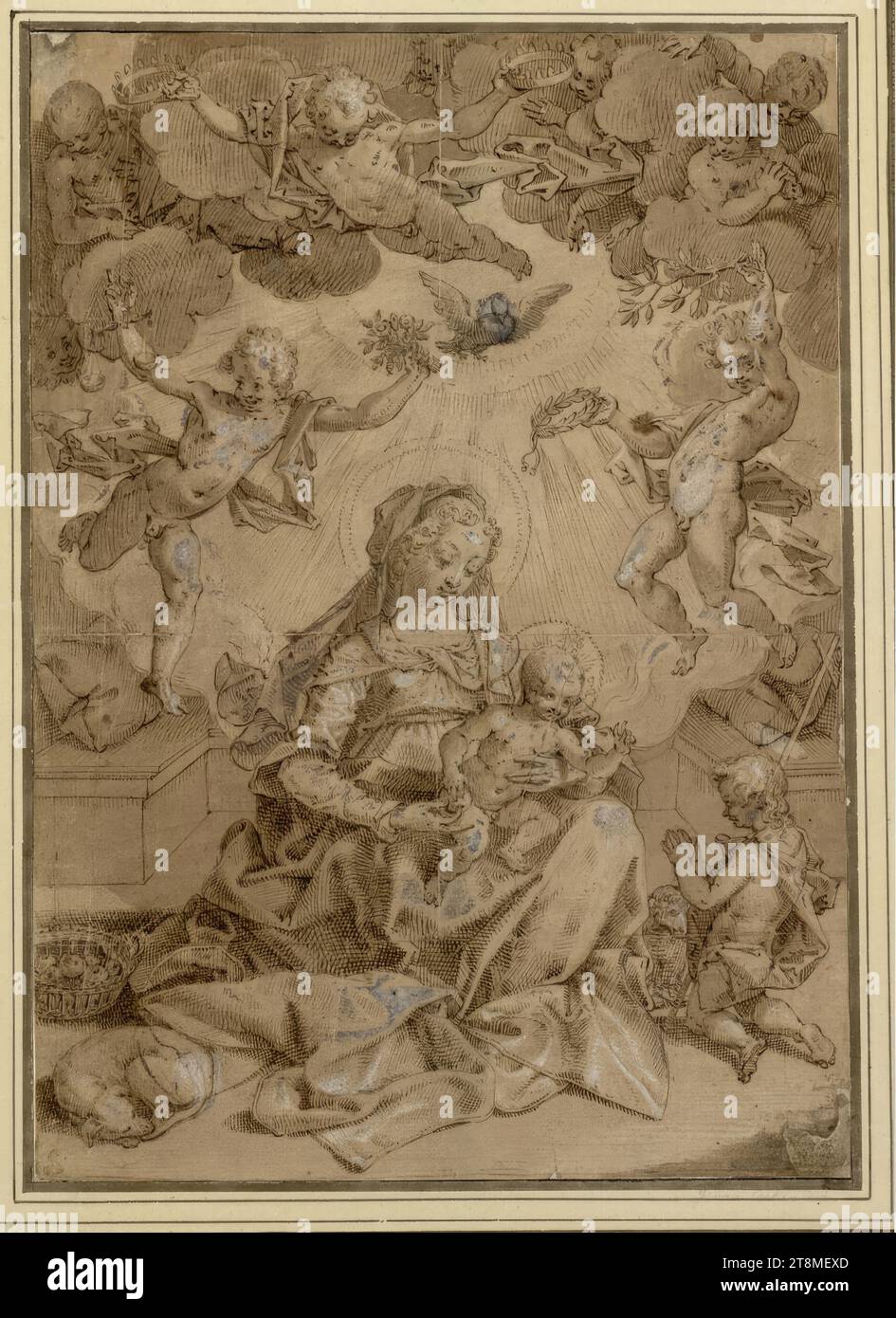 Maria con bambino e il ragazzo Giovanni nella gloria angelica, anonimo, intorno al 1600, disegno, penna grigio-marrone e inchiostro su carta marrone-marrone, lavata e accresciuta con il bianco con un pennello, 29,2 x 20,8 cm, l.l. duca Alberto di Sassonia-Teschen Foto Stock