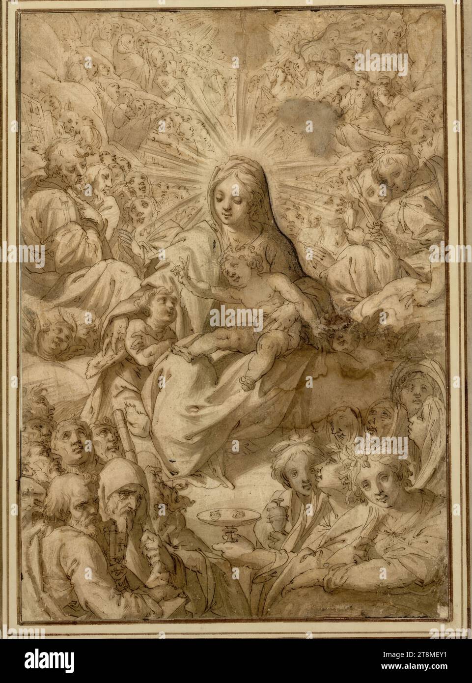 La Madonna nel coro di santi e martiri, anonimi, intorno al 1600, disegno, penna e inchiostro in marrone, lavata, un po' lavata, 32,2 x 22,6 cm, r.l. duca Alberto di Sassonia-Teschen Foto Stock