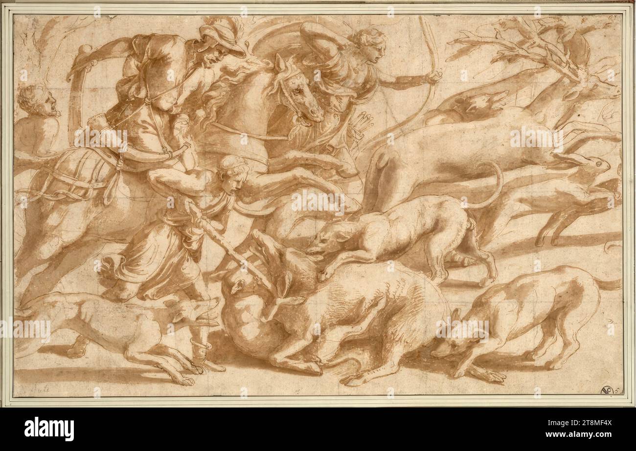 Scena di caccia con cinghiale, cervi e lepri, Giulio Romano (Roma 1499 - 1546 Mantova), 1527-1528, disegno, penna marrone, lavaggio marrone, squaring in gesso nero, 25,6 x 40,9 cm, r.r. Prince Charles de Ligne, l.b. Duca Alberto di Sassonia-Teschen, l.u. 'Jule' (a matita); r.b. '5' (a penna Foto Stock