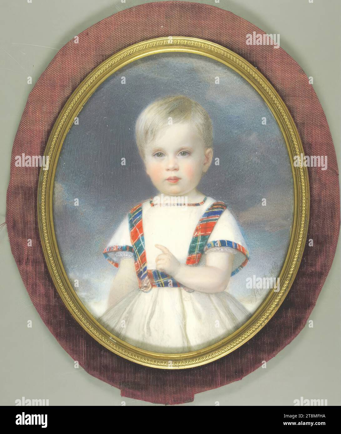 Arciduca Rudolf da bambino, in un piccolo vestito bianco, sfondo blu-verde, Georg Martin Ignaz Raab (Vienna 1821 - 1885 Vienna), 1860, disegno, acquerello su avorio, 11,7 x 9,3 cm Foto Stock