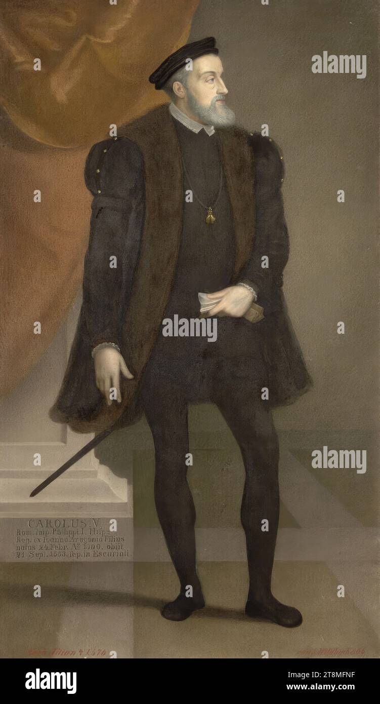 Imperatore Carlo V., Josef Wildhack (Austria, 1821 - 1877), 1864, disegno, acquerello, verniciato a punti, cartone, secondo Cahier: 55,4 x 32,5 cm, l.l. 'dopo Tiziano +1576 Foto Stock