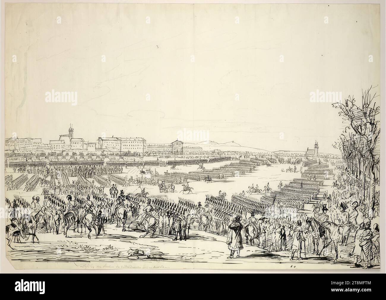 Defilée vom Maneuver des 21 dicembre 1818, Johann Nepomuk Höchle (Monaco di Baviera 1790 - 1835 Vienna), 1818, disegno, inchiostro, penna, matita, secondo Cahier: 51,1 x 71,9 cm, e 'Defilée vom Maneuver des 21 Ten December 1818 - Sketched 21 December'; verso: didascalia di dettaglio l.l. Foto Stock