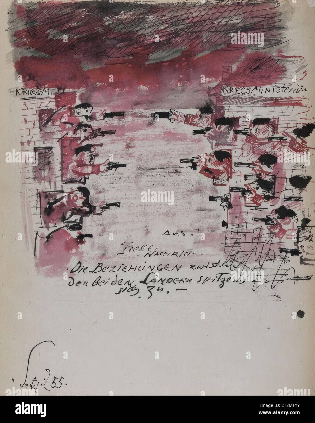 Da: Comunicato stampa, le relazioni tra i due paesi stanno andando alla grande.", Laske Oskar sketchbook; "Life and Deeds of the Painter Oskar Laske"; 10° volume (di 14 volumi); 284 pagine paginate, Oskar Laske (Czernowitz 1874 - 1951 Vienna), 1950, disegno, matita; penna in rosso e nero; lavata, foglio: 24 x 20 cm Foto Stock