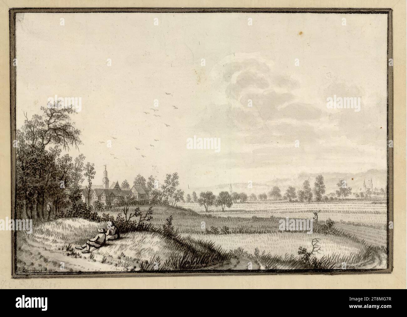 Dutch Landscape II, Johann Caspar Schwachhausen (Schaffhausen 1742 - 1805 Schaffhausen), 1775, disegno, pennello in grigio, lavato, 10 x 14,1 cm Foto Stock