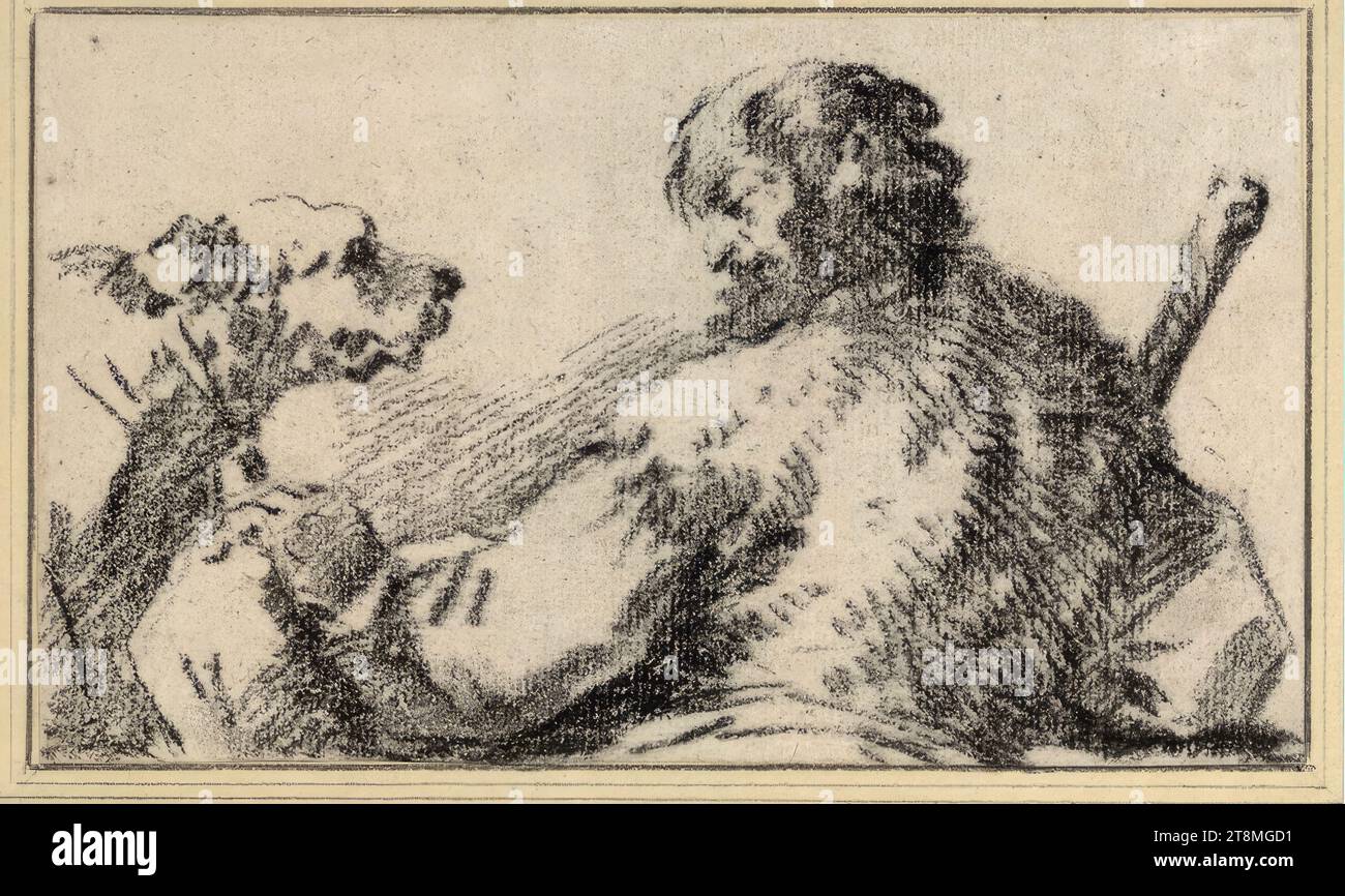 Uomo con cane, Philipp Peter Roos (Francoforte sul meno 1655/57 - 1706 Roma), disegno, gesso nero, 10,5 x 17,9 cm Foto Stock