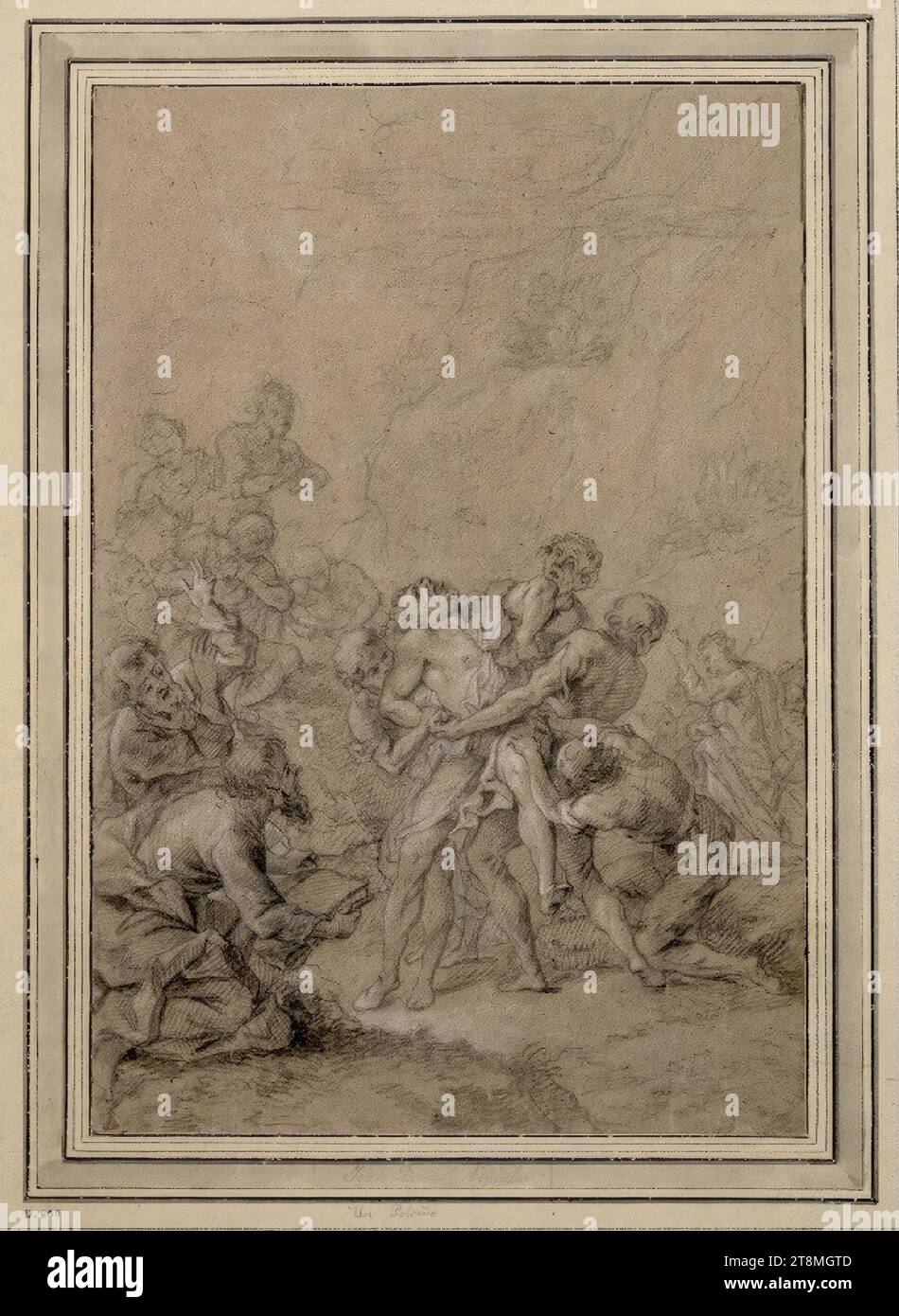 Un maniaco è portato ai santi apostoli Pietro e Paolo per la guarigione, Johann Daniel Preisler (Norimberga 1666 - 1737 Norimberga), disegno, gesso bianco e nero su carta marrone, 33,1 x 22,6 cm, l. e duca Alberto di Sassonia-Teschen Foto Stock