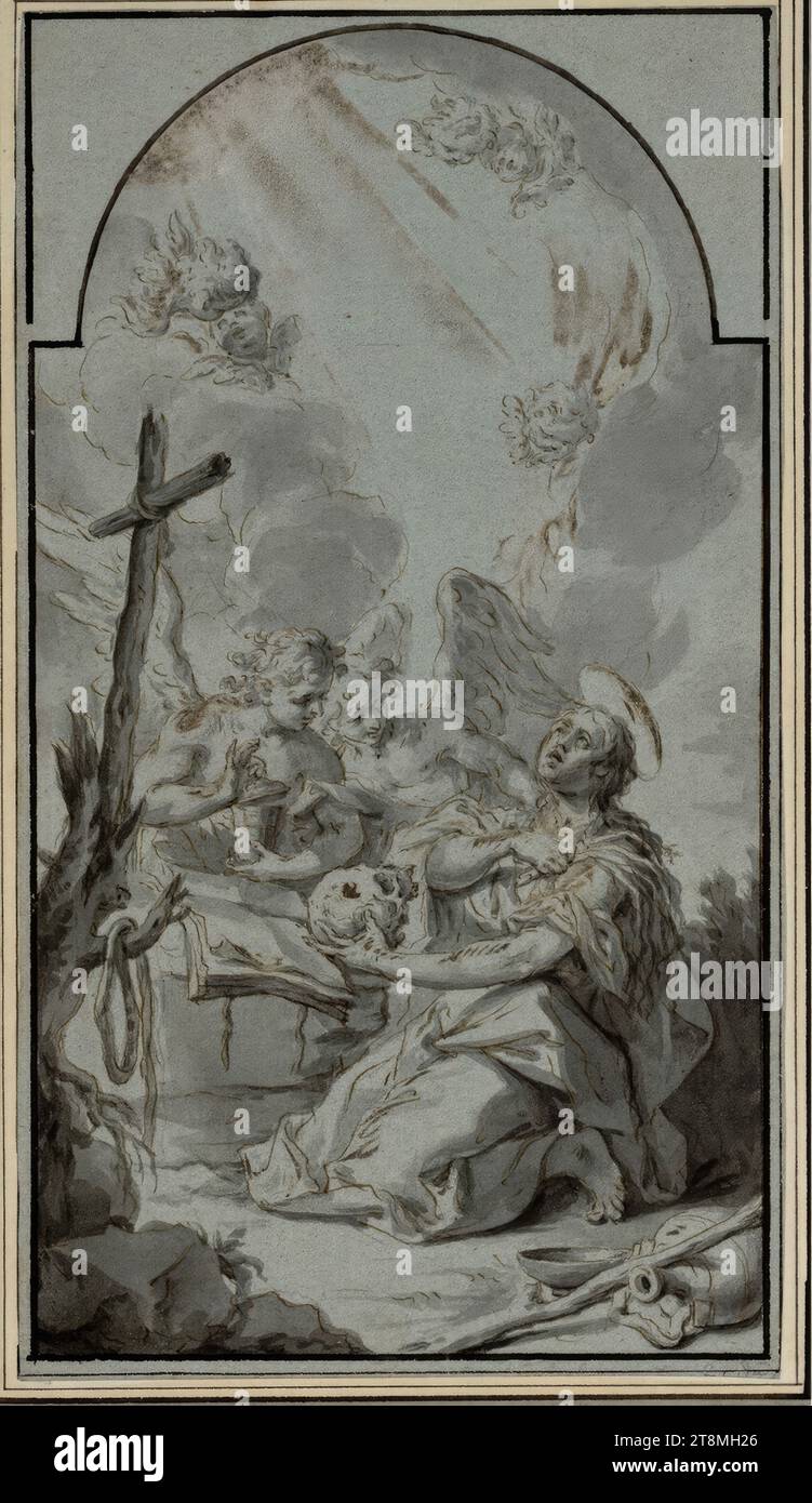 Penitente Santa Maddalena (bozza per la foto dell'altare laterale nell'ex chiesa gesuita di Wiener Neustadt), Michelangelo Unterberger (Cavalese 1695 - 1758 Vienna), disegno, penna e inchiostro marrone con lavaggi grigi e riflessi bianchi su carta blu-grigio, 28 x 15,7 cm Foto Stock