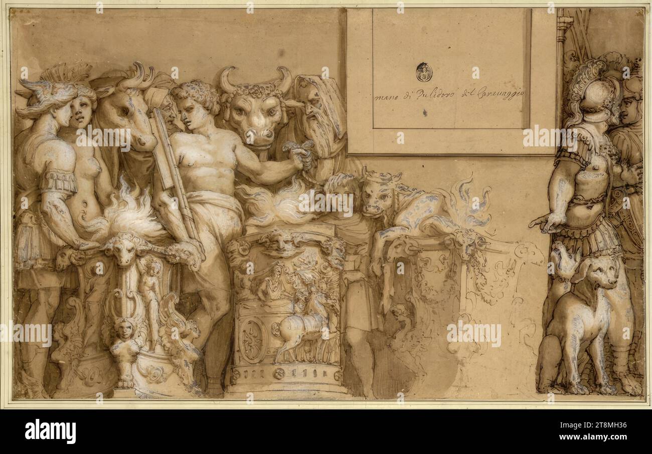 Perseo dona i tre altari come sacrifici per la liberazione di Andromeda (Ovidio, Metamorfosi IV, 753f), disegno, penna; lavato; accentuato con bianco opaco; ossidato e annerito, 25,5 x 41,4 cm, r.o. stemma non identificato (non con Lugt); mu duca Alberto di Sassonia-Teschen, in alto a destra nella sezione della finestra sotto lo stemma del collezionista 'mano di Pulidoro del Caravaggio Foto Stock