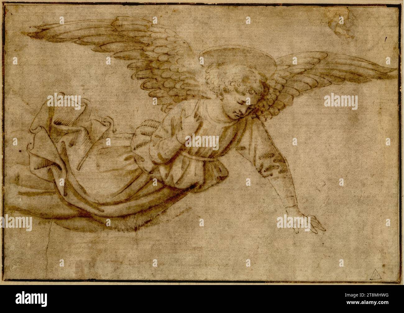 Un angelo si libra verso destra con ali sparse e mano sinistra tesa, Domenico (Italia, 1417-1491), disegno, penna, inchiostro, lavaggio, 11,8 x 17,9 cm, r.r. Lagoy; l.b. fregio; l.b. duca Alberto di Sassonia-Teschen Foto Stock