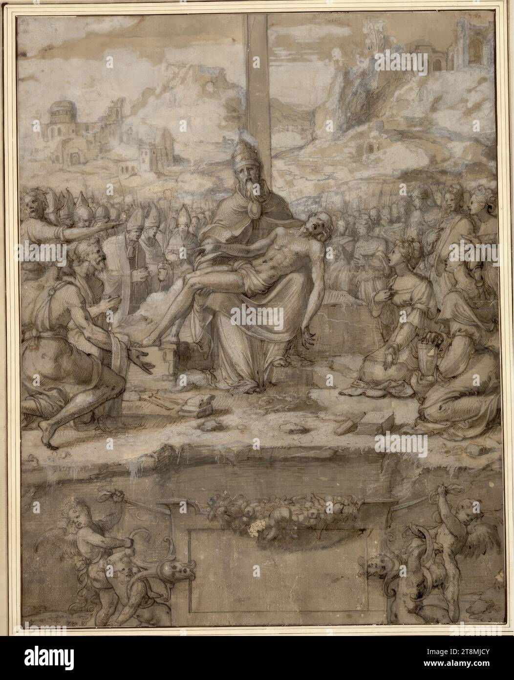 mercy seat. (Dio padre siede, Salvatore morto in grembo; sinistra e destra adora santi maschili e femminili; sotto gli angeli si trova un cartiglio vuoto; sullo sfondo un paesaggio montuoso con gruppi di edifici), Romano Luzio ( ?, Italia, menzionato 1528 - 1573), disegno, gesso; piuma; lavata; accentuato di bianco; parzialmente restaurato, 39,9 x 31,4 cm, l.l. duca Alberto di Sassonia-Teschen Foto Stock