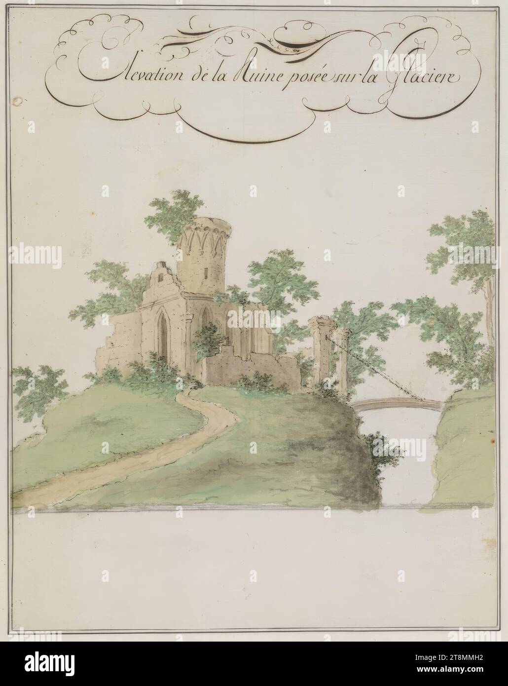 Disegni di progetto per edifici da giardino a Laeken, rovine gotiche, duca Alberto di Sassonia-Teschen (Moritzburg 1738 - 1822 Vienna), intorno al 1785, disegno, matita, inchiostro, penna, acquerello, 33,7 x 26,5 cm, M.O. 'pianta delle rovine élevée sur la Glaciere Foto Stock