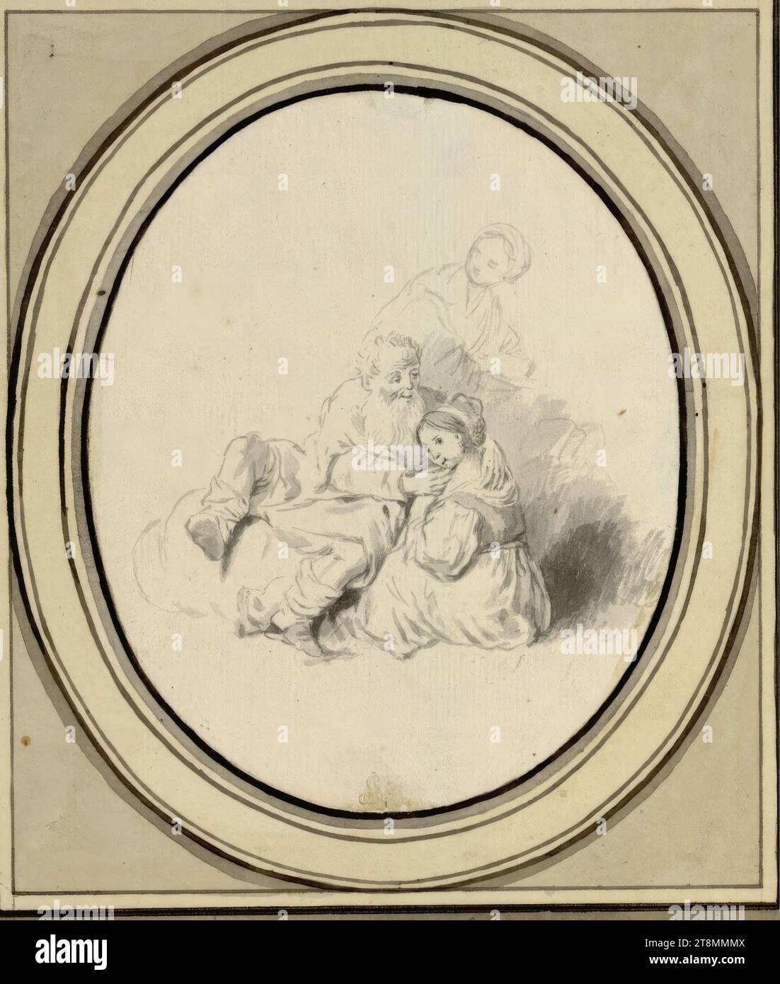 Loth con le sue figlie, Johann Georg Wagner (Meissen 1744 - 1767 Meissen), disegno, matita, pennello in grigio, lavato, disegno ovale, 13,5 x 11,1 cm, sotto il basso Duca Alberto di Sassonia-Teschen Foto Stock