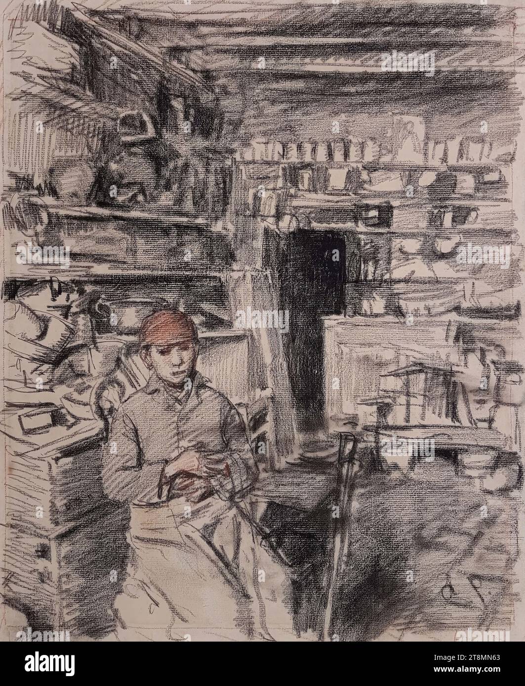 Ragazzo in laboratorio, August Xaver Karl von Pettenkofen (Vienna 1822 - 1889 Vienna), 1861, disegno, gesso nero, sangue su carta, 37,8 x 30,6 cm Foto Stock