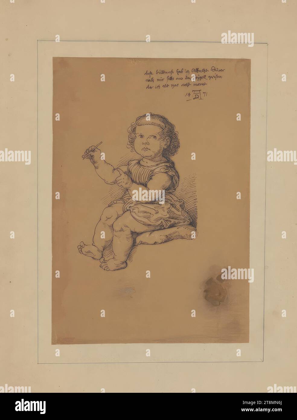 "Autoritratto" di Albrecht Dürer all'età di otto mesi, Julius Hübner (Öls 1806 - 1882 Dresden-Loschwitz), 1868, disegno, penna nera, innalzata con gesso bianco, 26,2 x 18,3 cm, r.o 'die Bildtnuß i tore Albrecht Dürer, dopo me stesso fuori dallo spigolo, da quando avevo otto mesi, 14 ad [ligated] 71»; sul retro di cartone in basso a destra: "piece originale très rare, qui prouve, l'éminente précocité de ce Mâitre;, (provenant de la Collection Mariette.), Dédiée, Miss Margret Taylor-Sor…enstone, par son très umile servo Foto Stock