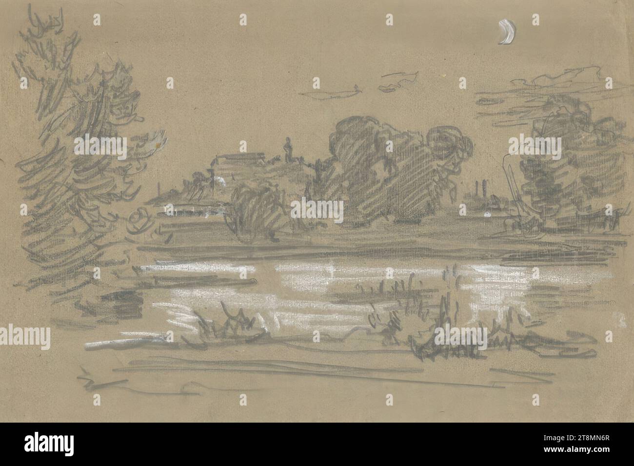 Impressione serale di uno stagno, Hermann Heller (Vienna 1866 - 1949 Klagenfurt), 1905-1906, disegno, grafite, gesso bianco su carta non patinata grigio-verdastra, 20,3 x 30,4 cm Foto Stock