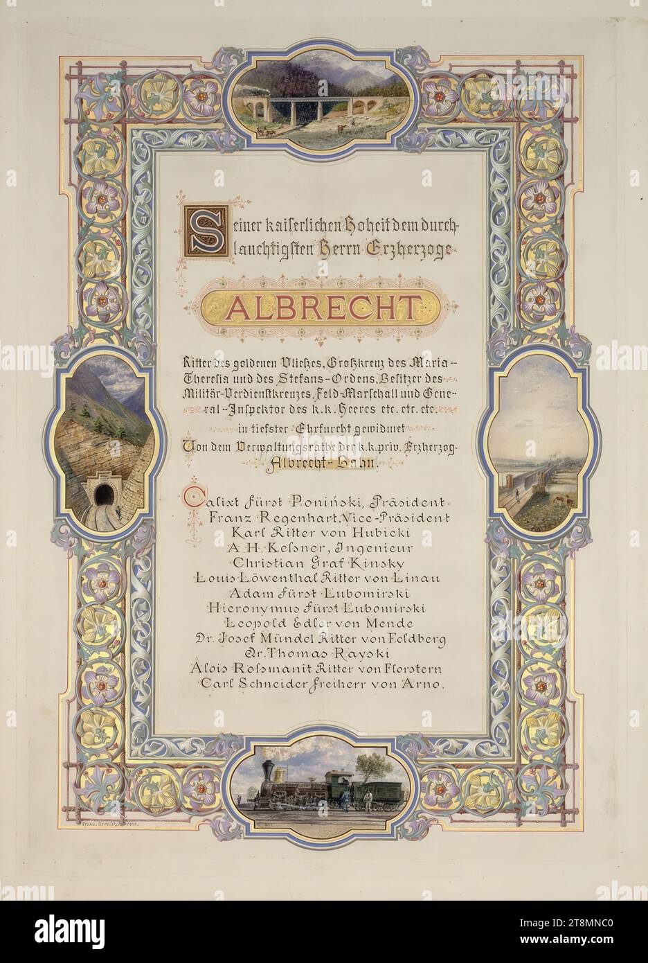 Foglio dedicato all'album della topografia; mappa dettagliata della linea Lemberg-Beskid (Albrechtsbahn) con quattro viste: Sopra: viadotto; sinistra: Tunnel; destra: Ponte ferroviario; sotto locomotiva, Rudolf von Alt (Vienna 1812 - 1905 Vienna), intorno al 1873, disegno, acquerello, guazzo, foglio: 55,6 x 39,4 cm, l.l. "francese. Rumore Pinx Foto Stock
