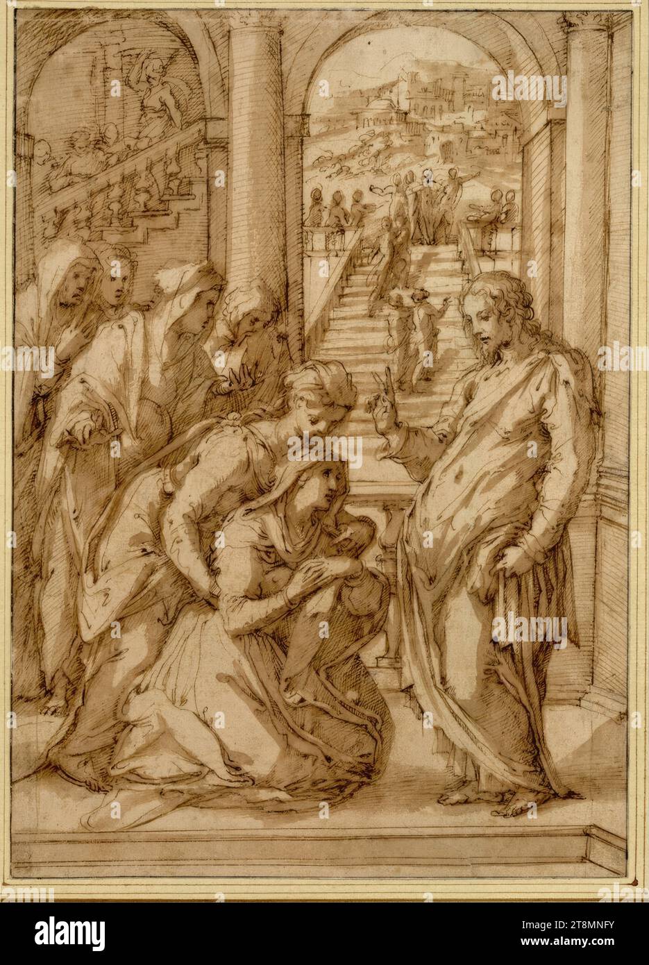 La donna sanguinante, Giorgio Vasari (Arezzo 1511 - 1574 Firenze), intorno al 1569, disegno, penna, inchiostro, lavato, 29,1 x 20,7 cm, l.l. duca Alberto di Sassonia-Teschen Foto Stock