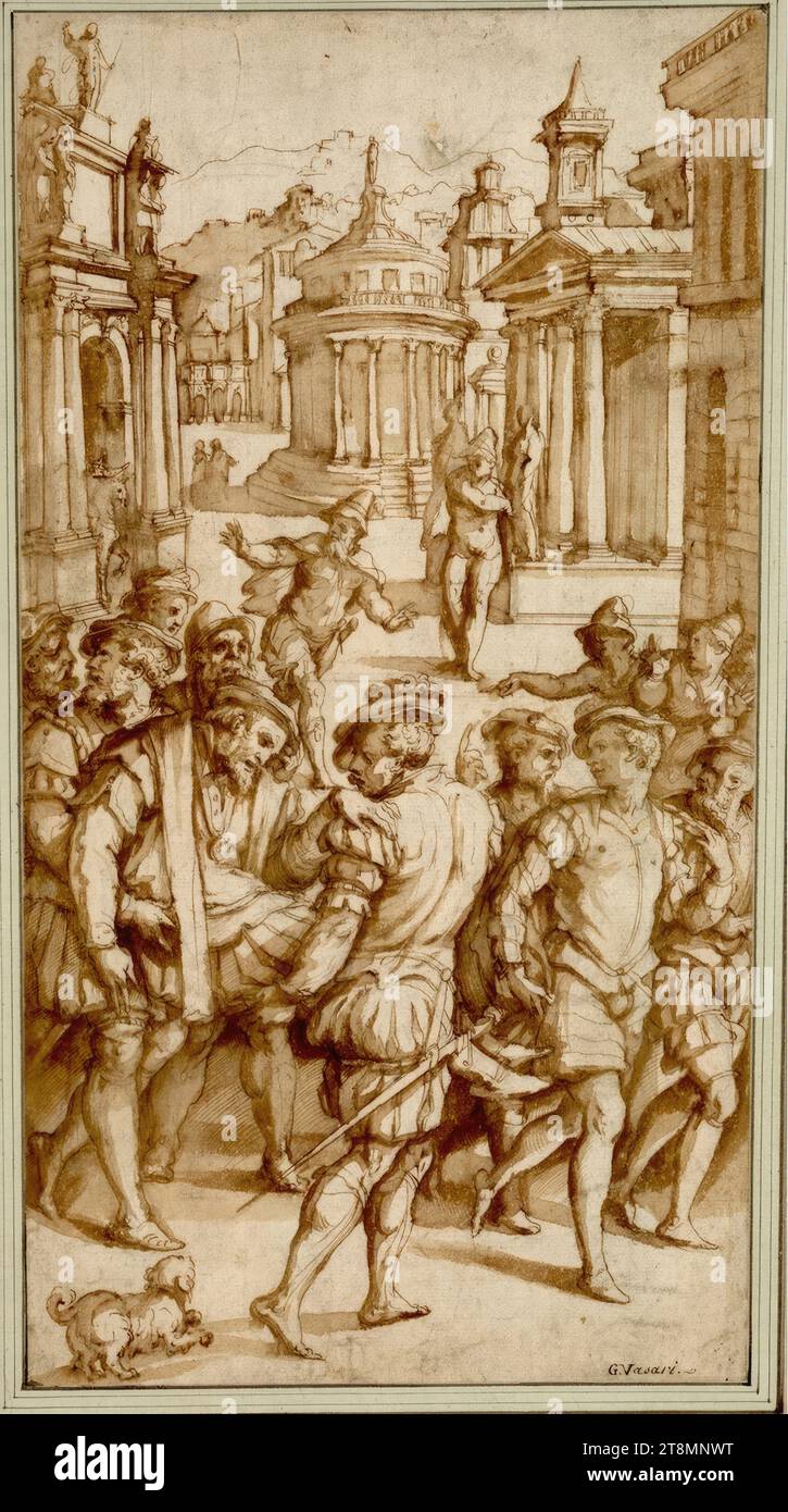 Il ferito Gaspard de Coligny, ammiraglio di Francia, capo degli Ugonotti, viene riportato a casa dopo il fallito tentativo di assassinio, Giorgio Vasari (Arezzo 1511 - 1574 Firenze), c. 1572, disegno, gesso, penna, lavato, 36,8 x 19, 5 cm, l.l. Duca Alberto di Sassonia-Teschen, in basso a destra in una mano successiva 'G. Vasari Foto Stock