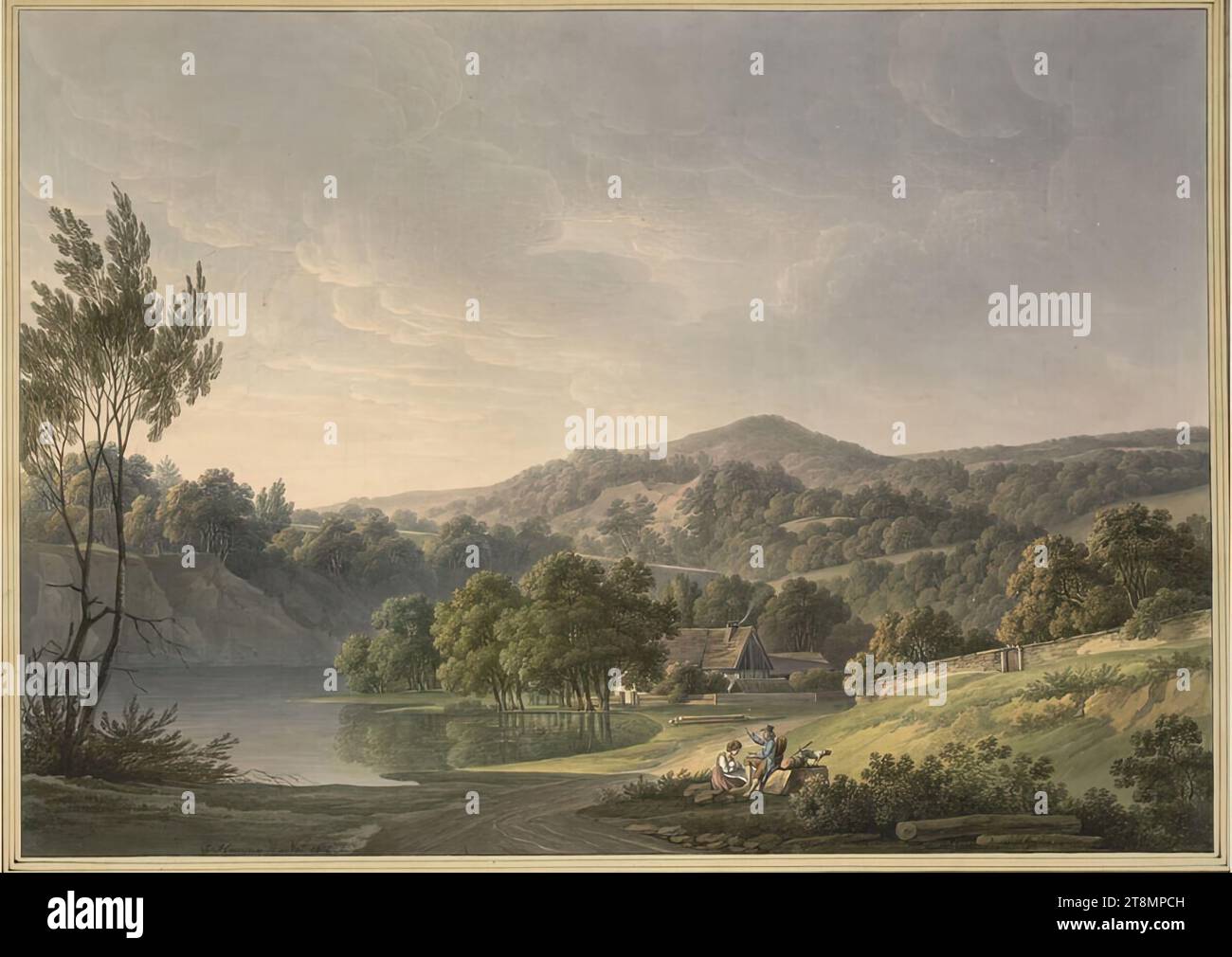 Fattoria presso uno stagno in un paesaggio collinare vicino a Dresda con personale di una famiglia riposante, Christian Gottlob Hammer (Dresda 1779 - 1864 Dresda), 1802 (1807?), disegno, acquerello, su tracce di matita; linea di inquadratura nera, 34,2 x 48,2 cm, l.l. duca Alberto di Sassonia-Teschen Foto Stock