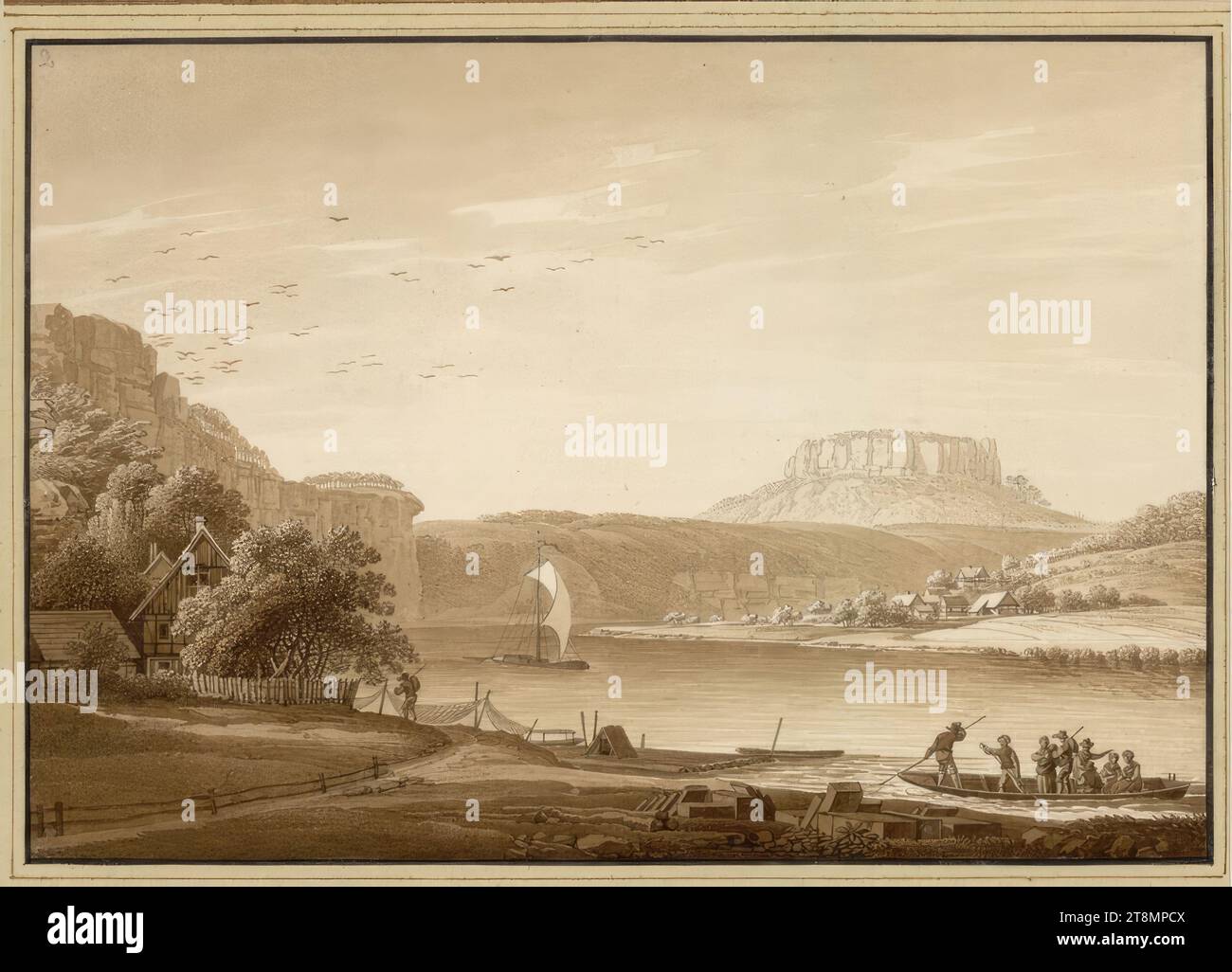 Il Lilienstein tra Königstein e Wehlen, Christian Gottlob Hammer (Dresda 1779 - 1864 Dresda), 1807-08, disegno, penna e pennello in marrone, lavato; linea di inquadratura nera, 15,5 x 22,3 cm, l.l. duca Alberto di Sassonia-Teschen, in alto a sinistra: '2 Foto Stock